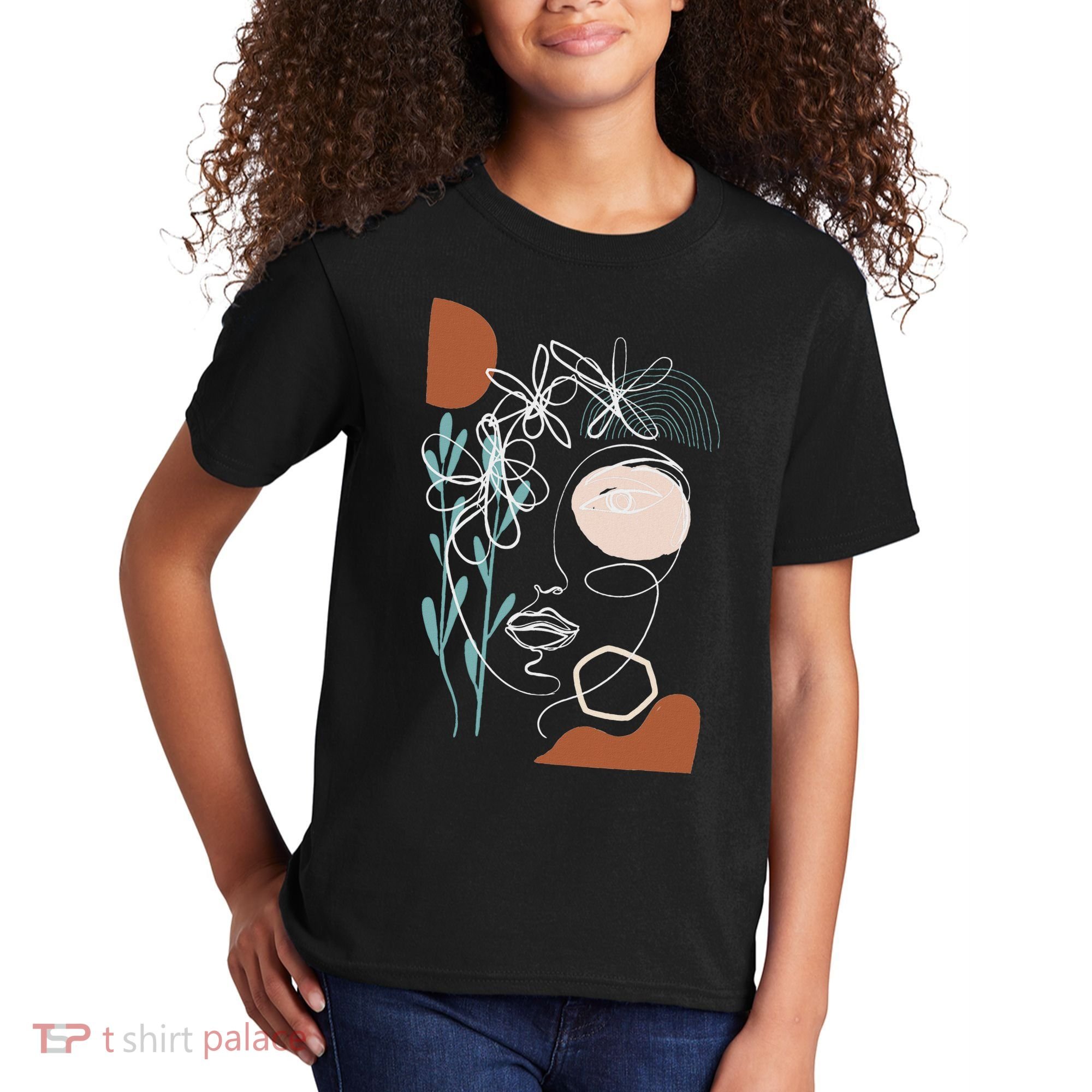 Line Art Face Abstract Art One Line Minimal Kids T-Shirt