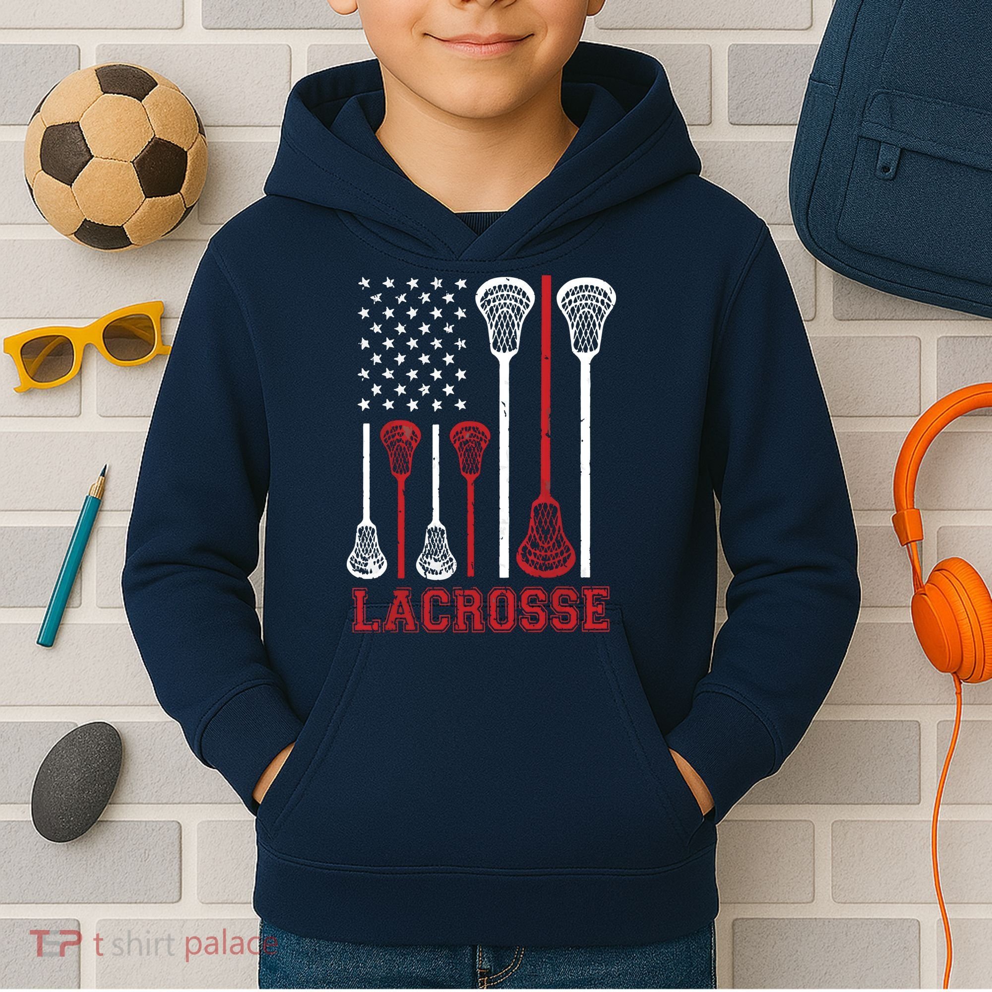 Lacrosse American Flag LAX Lacrosse Apparel Lacrosse Player Kids Hoodie