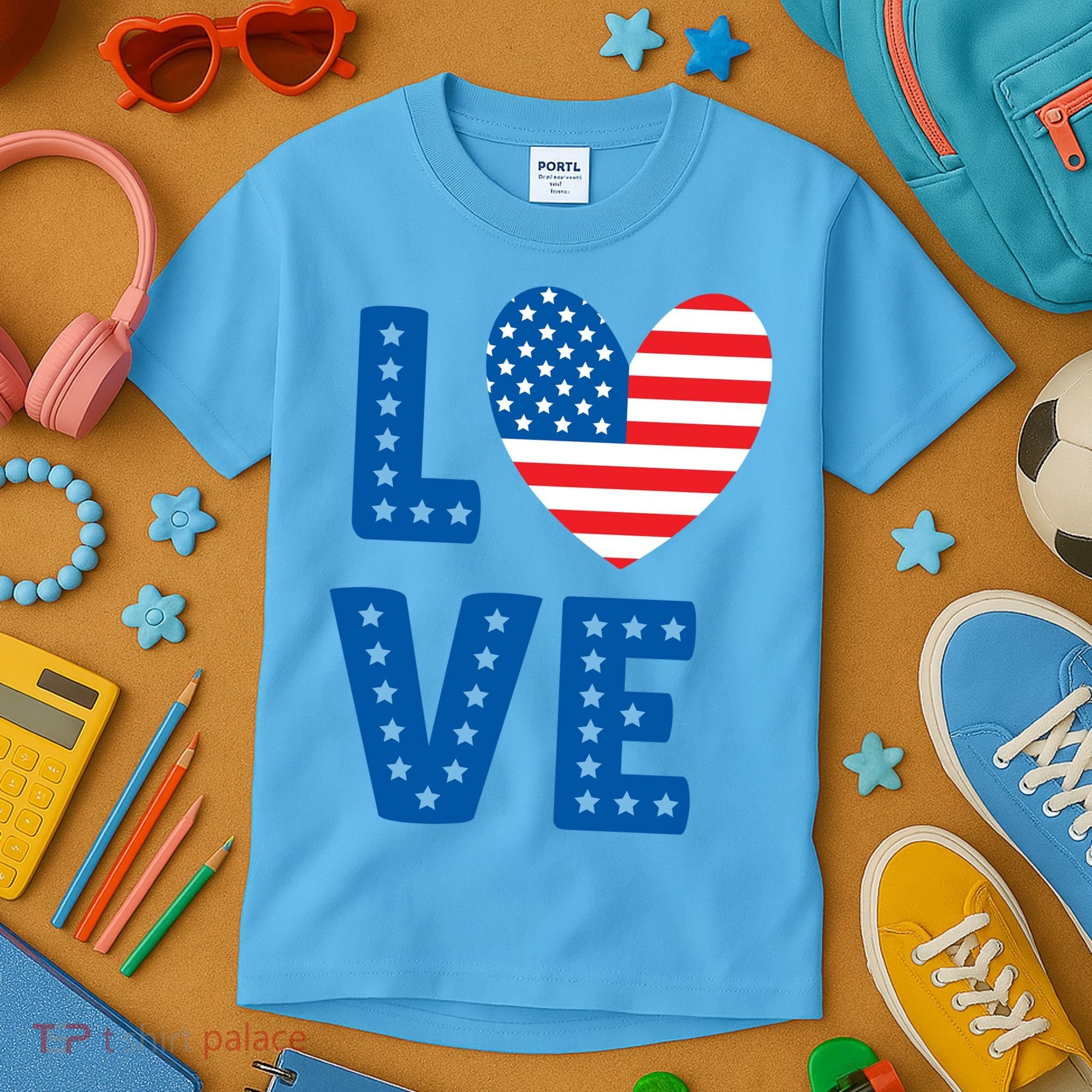 Love American Flag Heart 4th Of July Kids T-Shirt