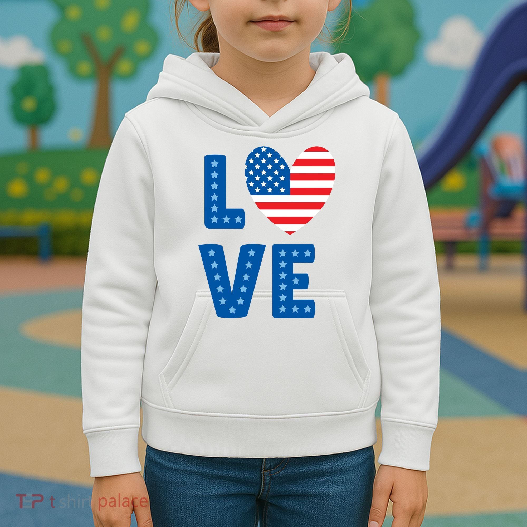Love American Flag Heart 4th Of July Kids Hoodie