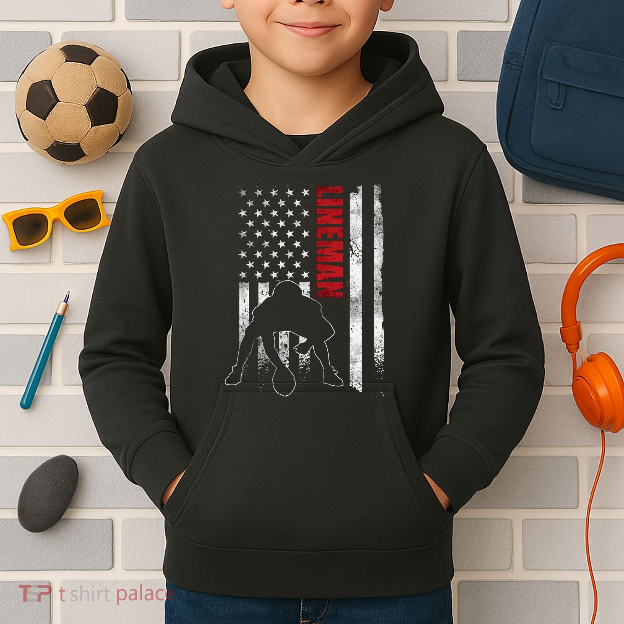 Lineman American Football Us Flag Kids Hoodie