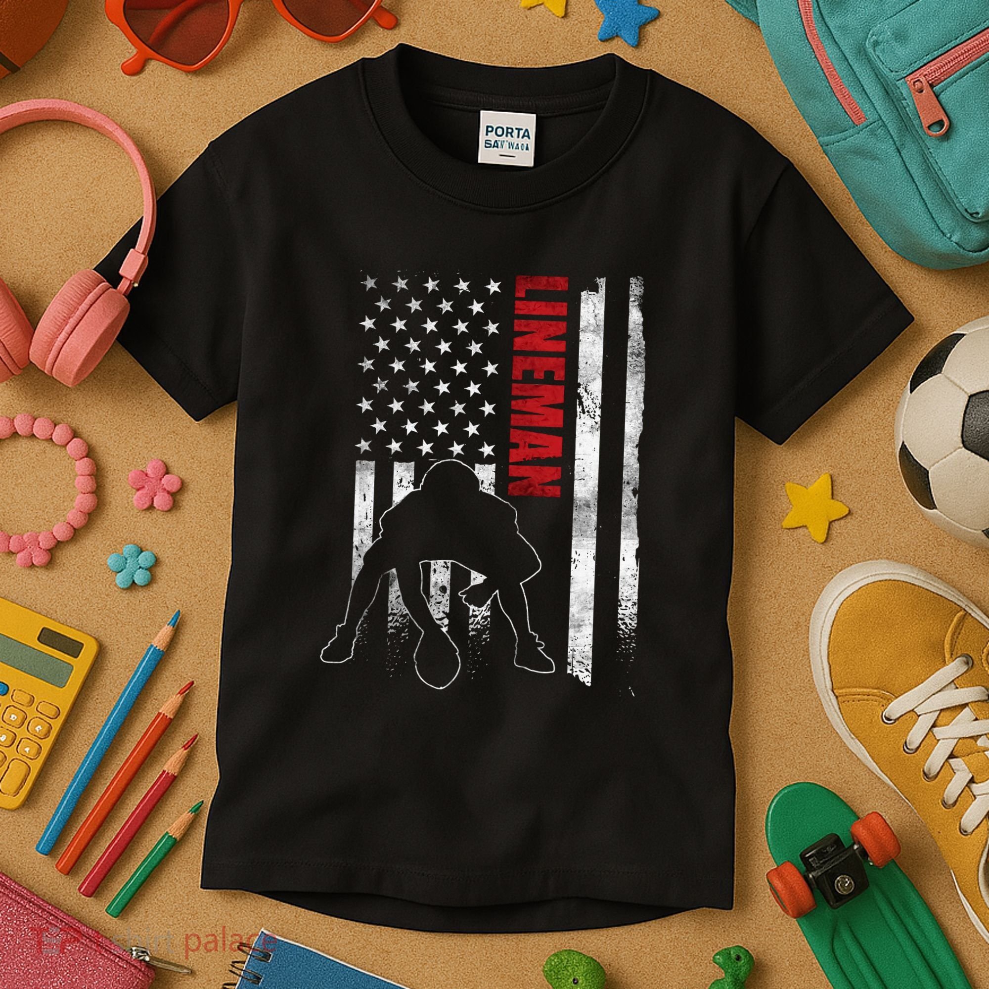 Lineman American Football Us Flag Kids T-Shirt