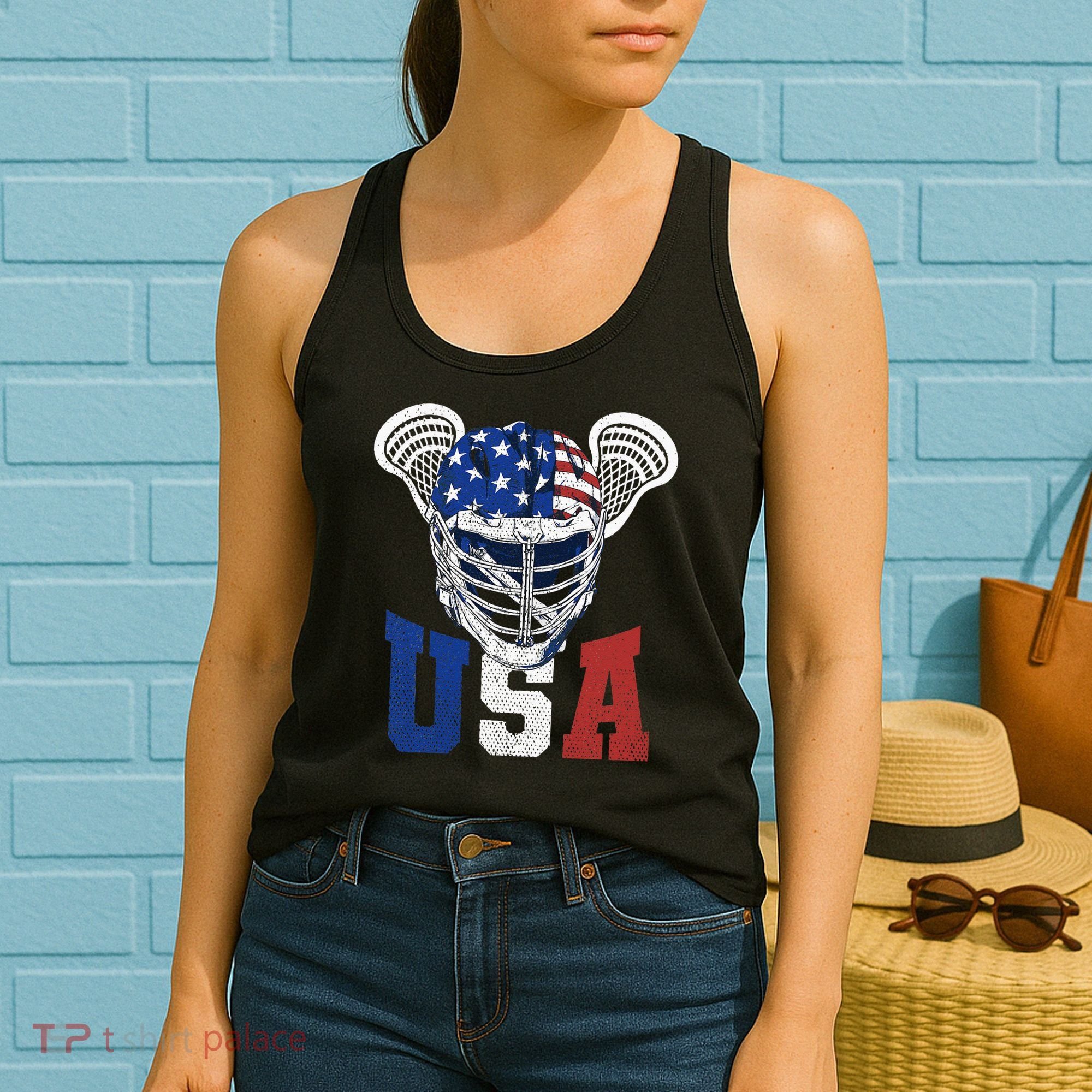 Lacrosse American Flag Lax Helmet 4th Of July USA Patriotic Women's Tank Top