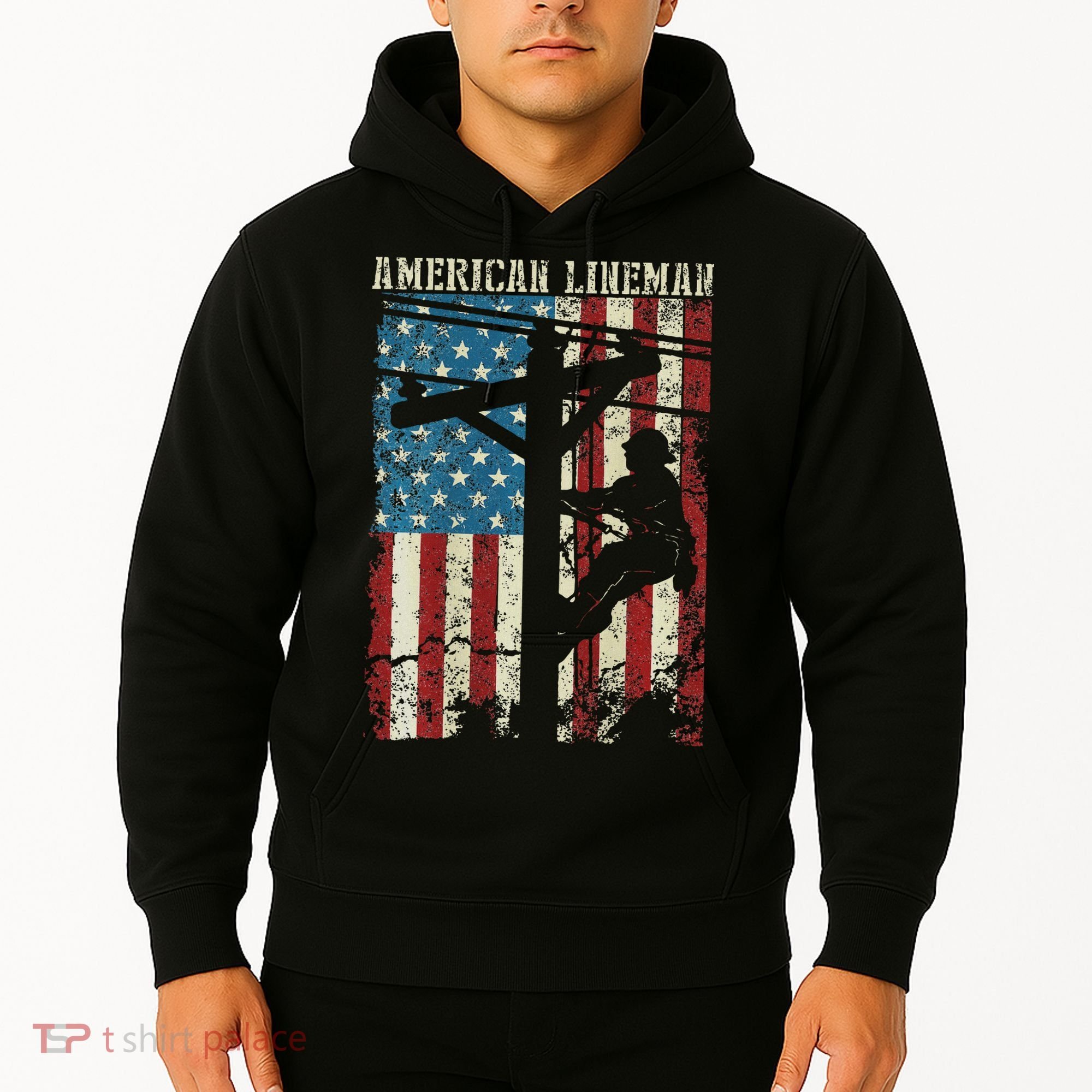 Lineman American Flag Electric Cable Gift Patriotic Lineman Hoodie