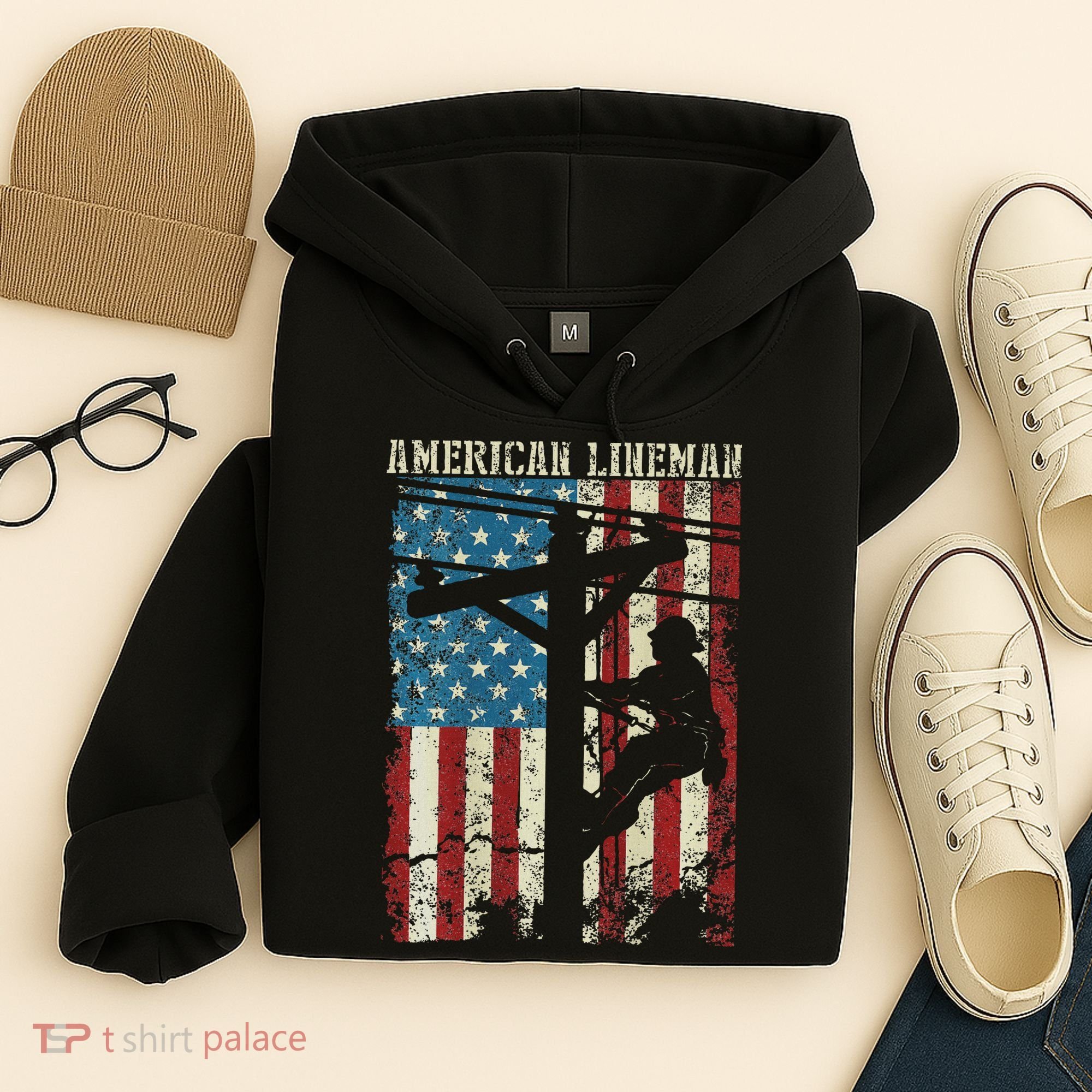 Lineman American Flag Electric Cable Gift Patriotic Lineman Hoodie