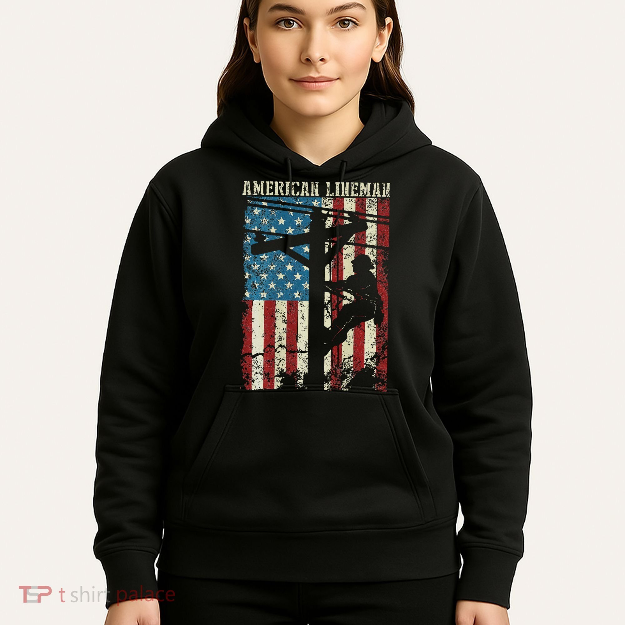 Lineman American Flag Electric Cable Gift Patriotic Lineman Hoodie