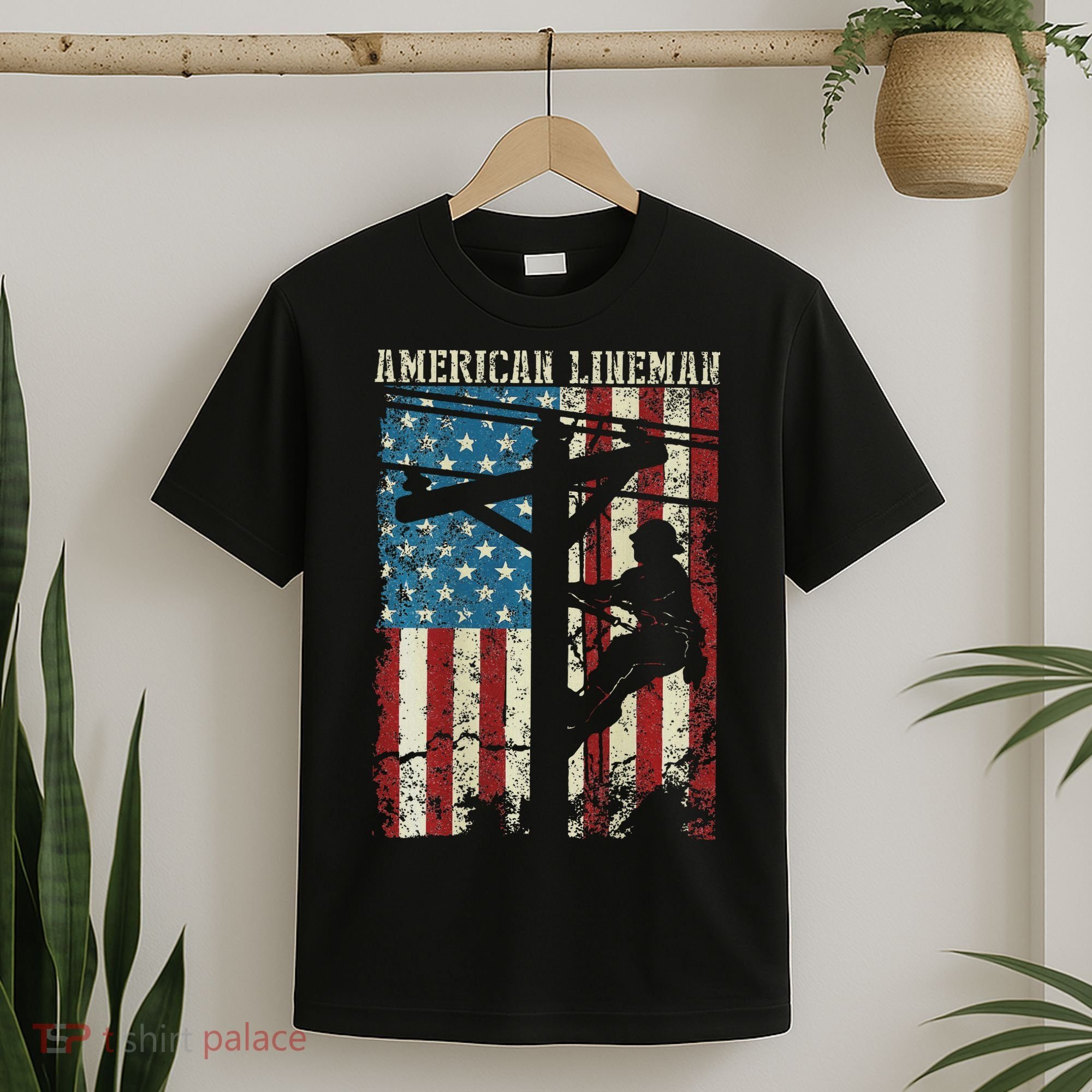 Lineman American Flag Electric Cable Gift Patriotic Lineman T-Shirt