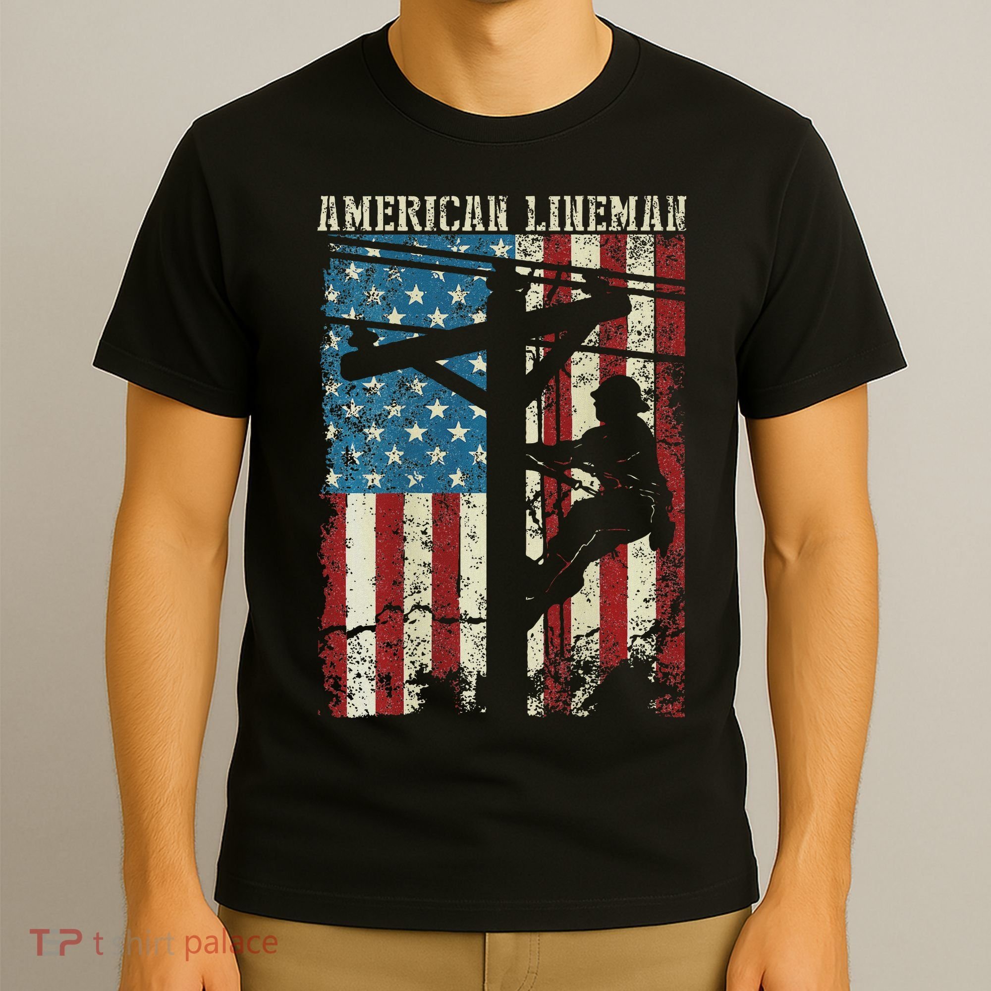 Lineman American Flag Electric Cable Gift Patriotic Lineman T-Shirt