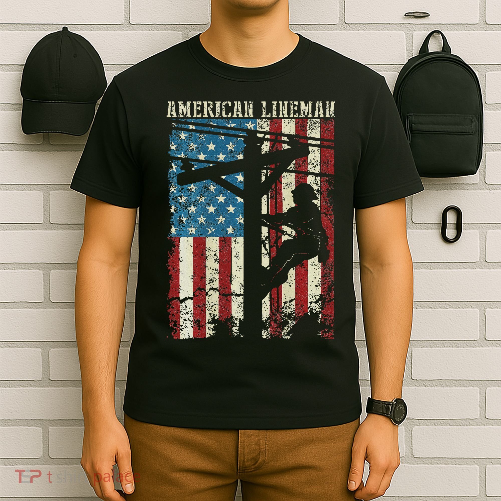 Lineman American Flag Electric Cable Gift Patriotic Lineman T-Shirt
