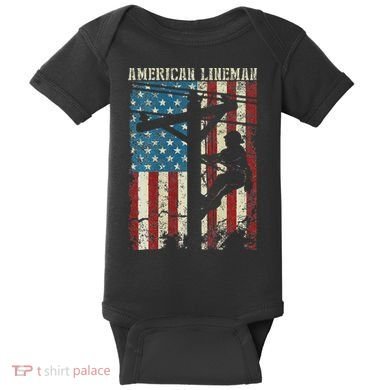 Lineman American Flag Electric Cable Gift Patriotic Lineman Baby Bodysuit