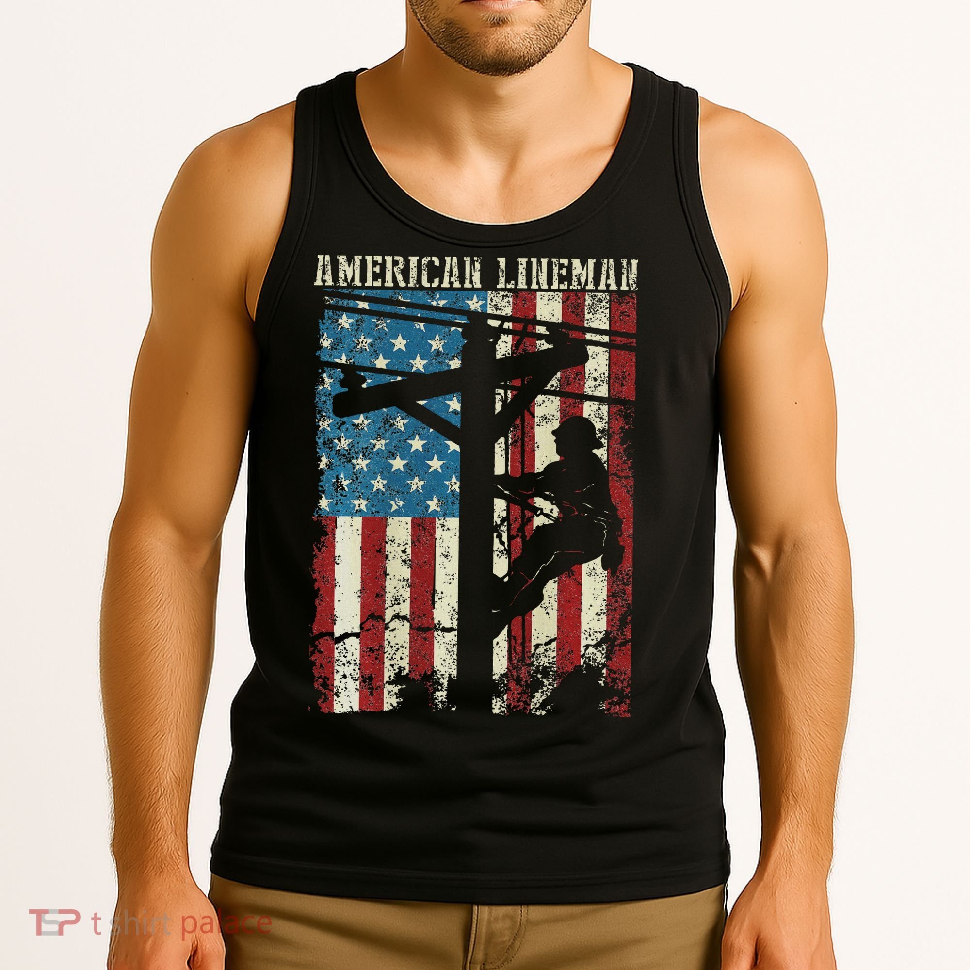 Lineman American Flag Electric Cable Gift Patriotic Lineman Tank Top