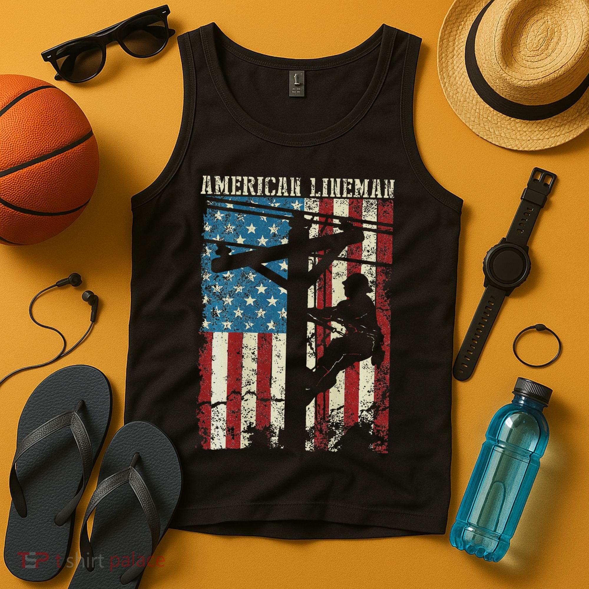 Lineman American Flag Electric Cable Gift Patriotic Lineman Tank Top
