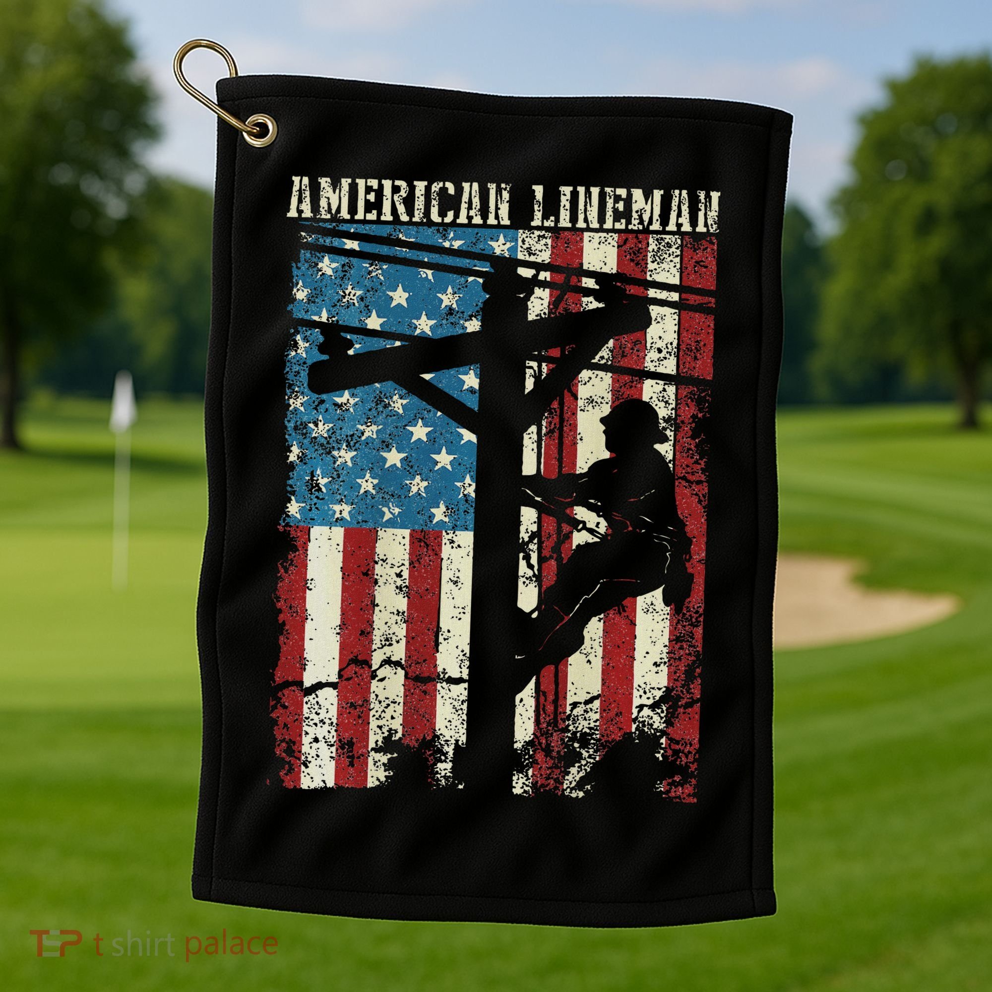 Lineman American Flag Electric Cable Gift Patriotic Lineman Golf Towel
