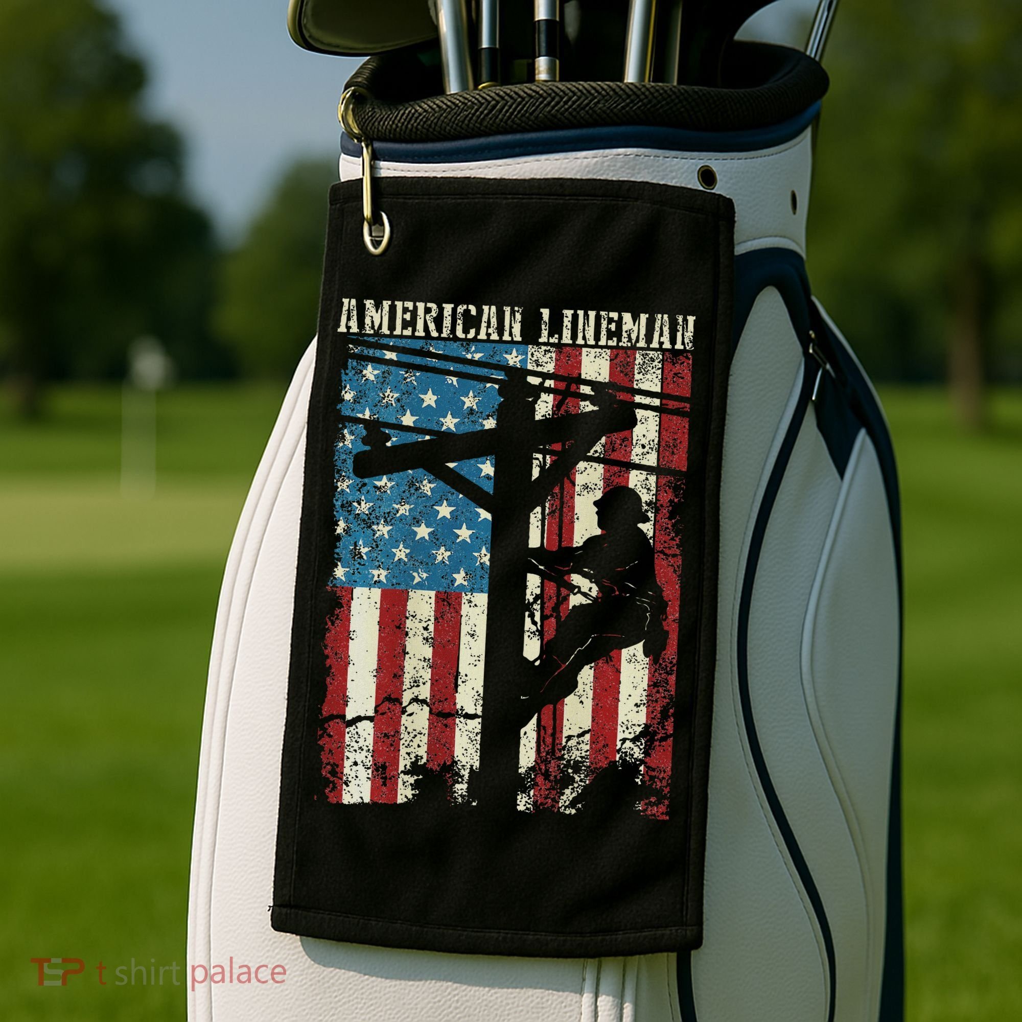Lineman American Flag Electric Cable Gift Patriotic Lineman Golf Towel