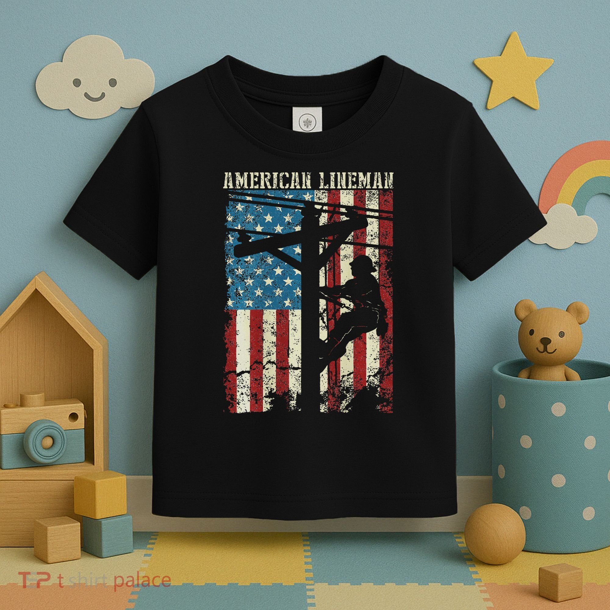 Lineman American Flag Electric Cable Gift Patriotic Lineman Toddler T-Shirt