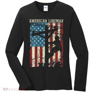 Lineman American Flag Electric Cable Gift Patriotic Lineman Women's Long Sleeve Shirt