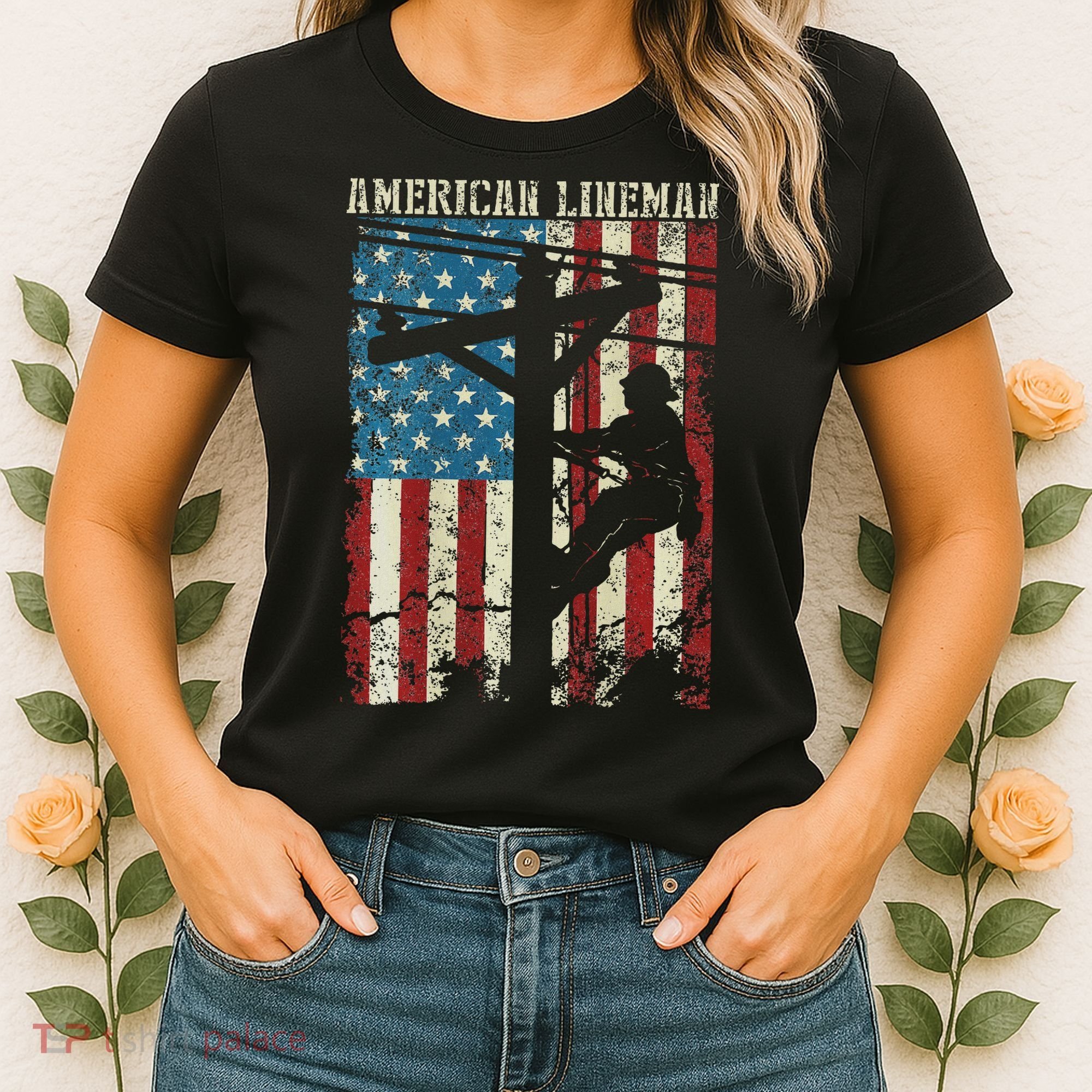 Lineman American Flag Electric Cable Gift Patriotic Lineman Women's T-Shirt