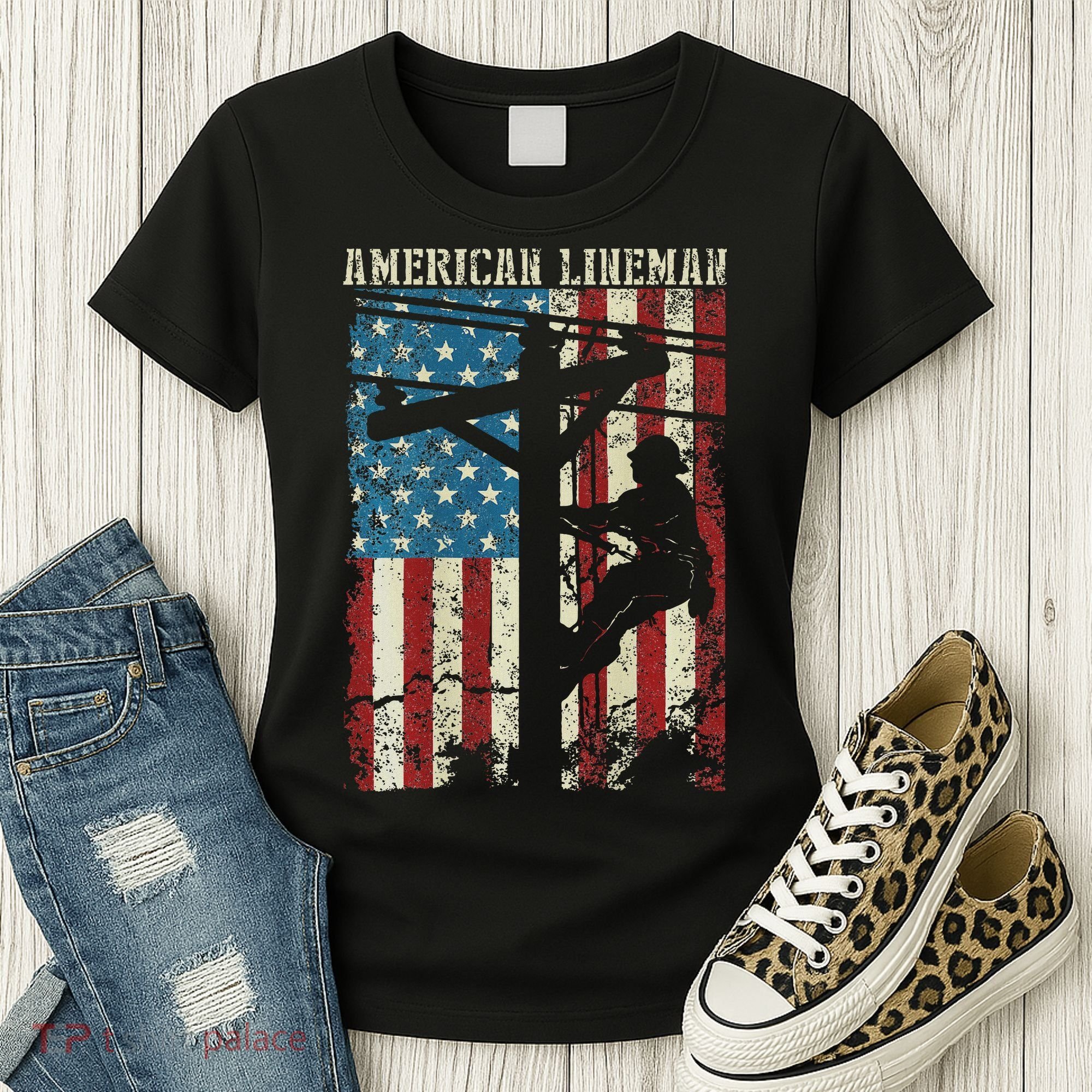 Lineman American Flag Electric Cable Gift Patriotic Lineman Women's T-Shirt
