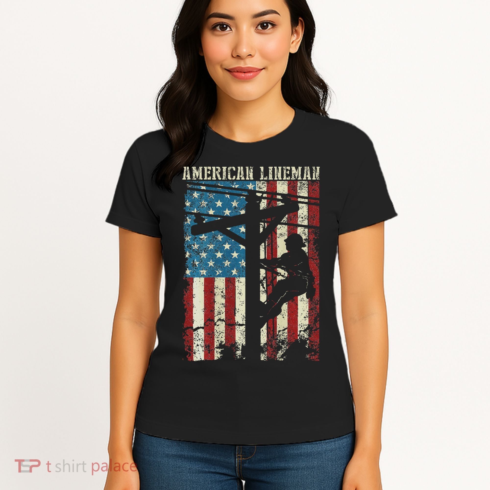 Lineman American Flag Electric Cable Gift Patriotic Lineman Women's T-Shirt