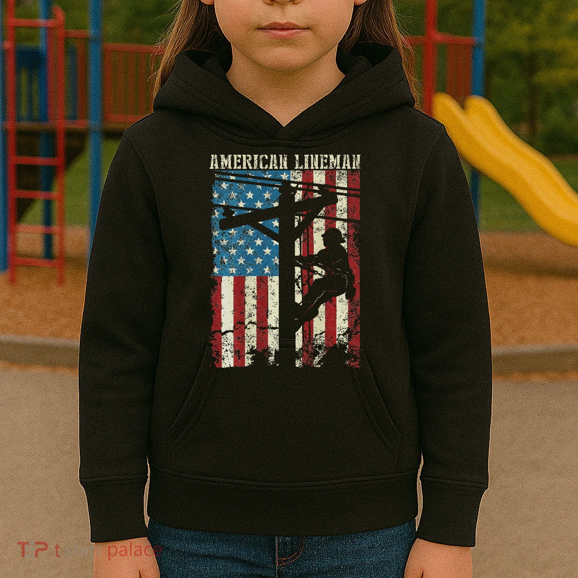 Lineman American Flag Electric Cable Gift Patriotic Lineman Kids Hoodie