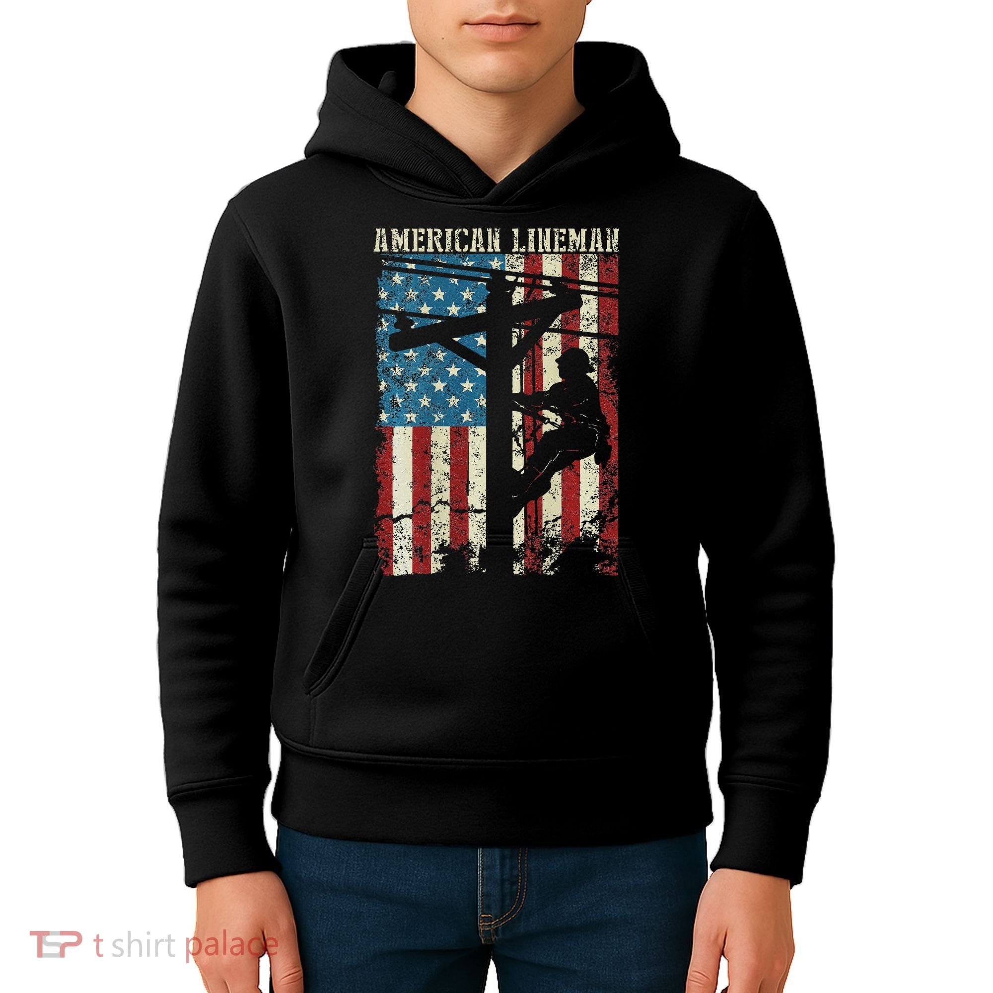 Lineman American Flag Electric Cable Gift Patriotic Lineman Kids Hoodie