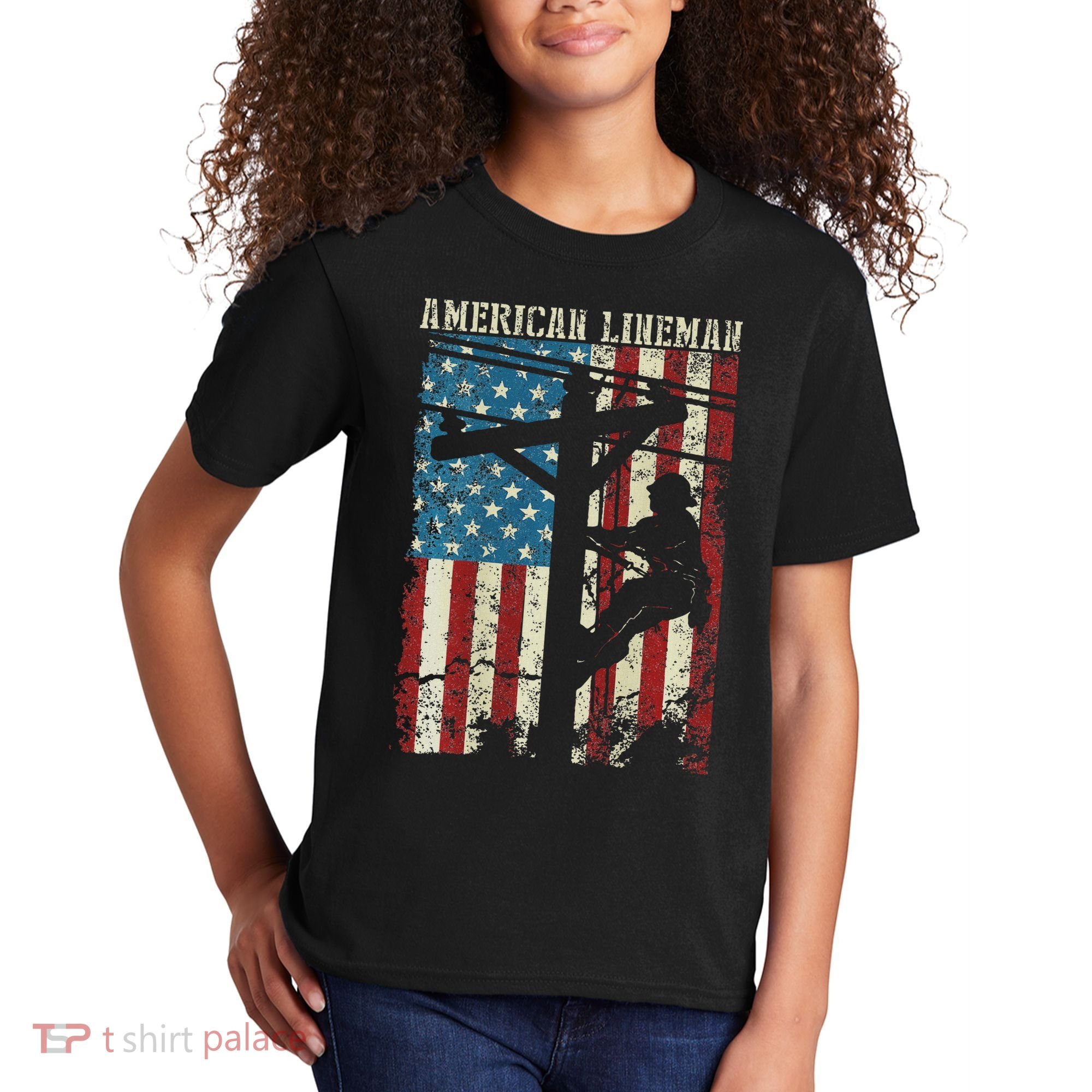 Lineman American Flag Electric Cable Gift Patriotic Lineman Kids T-Shirt