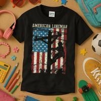 Lineman American Flag Electric Cable Gift Patriotic Lineman Kids T-Shirt thumb 3