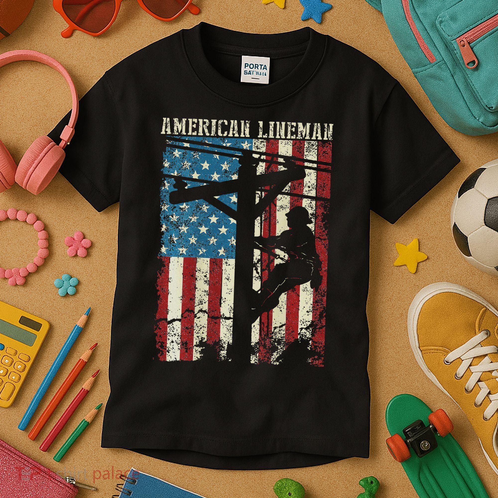 Lineman American Flag Electric Cable Gift Patriotic Lineman Kids T-Shirt