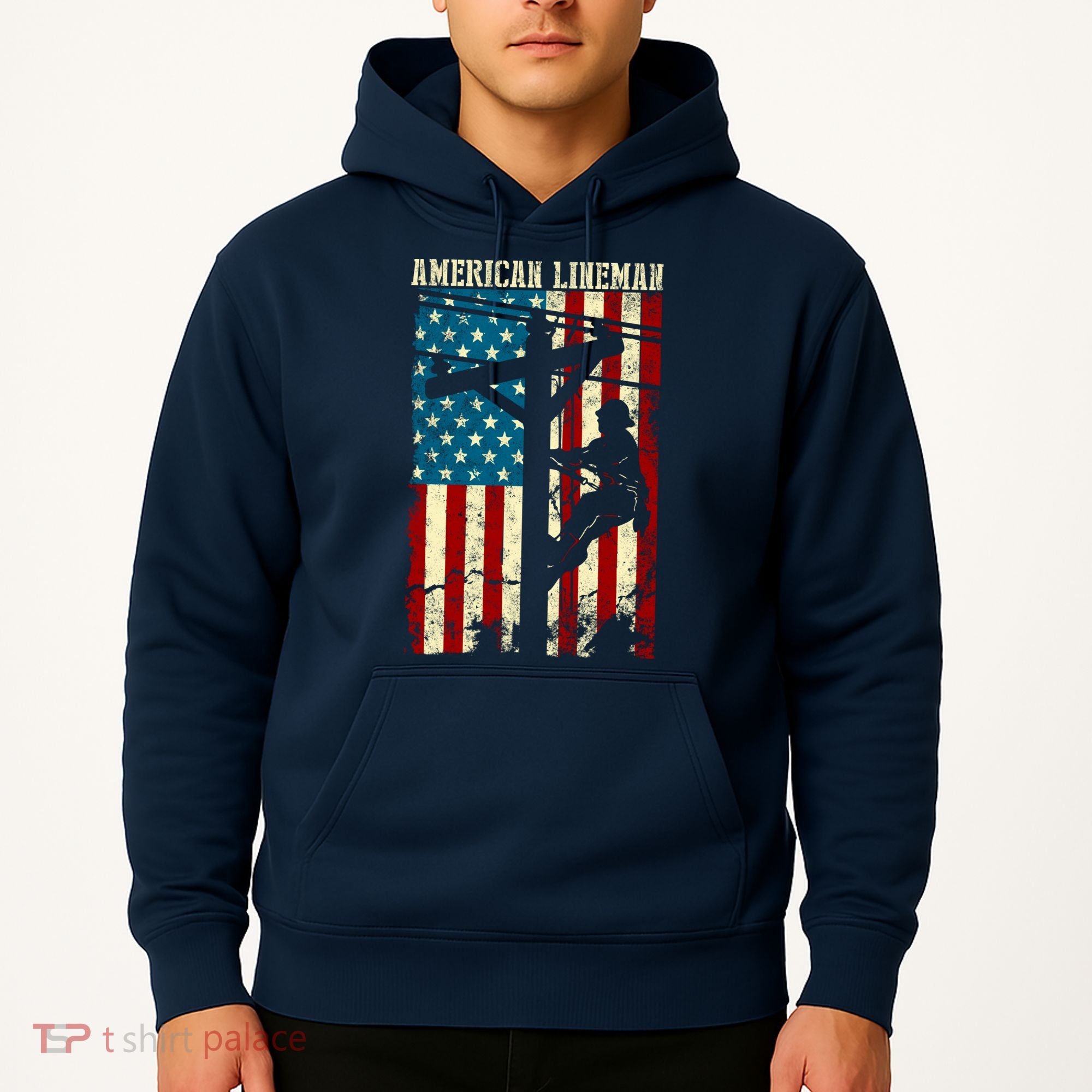 Lineman American flag Electric Cable gift Patriotic Lineman Hoodie
