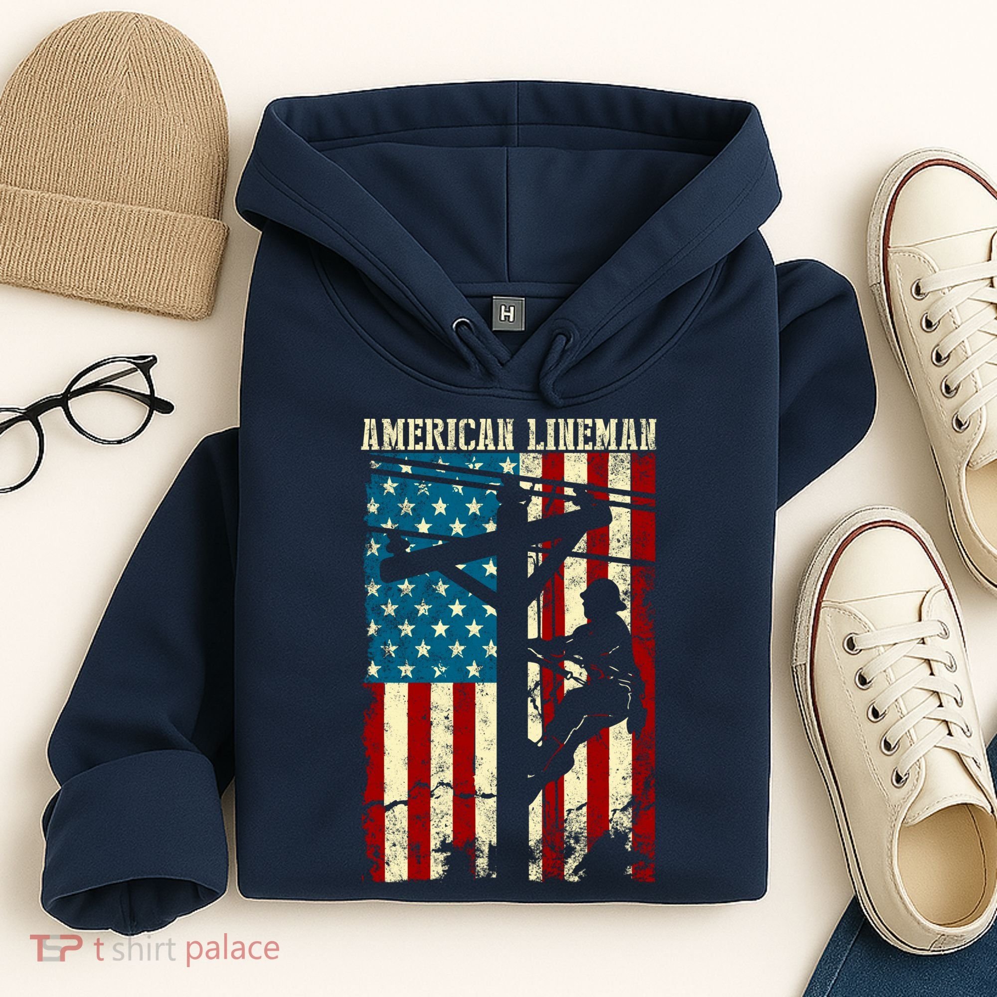 Lineman American flag Electric Cable gift Patriotic Lineman Hoodie
