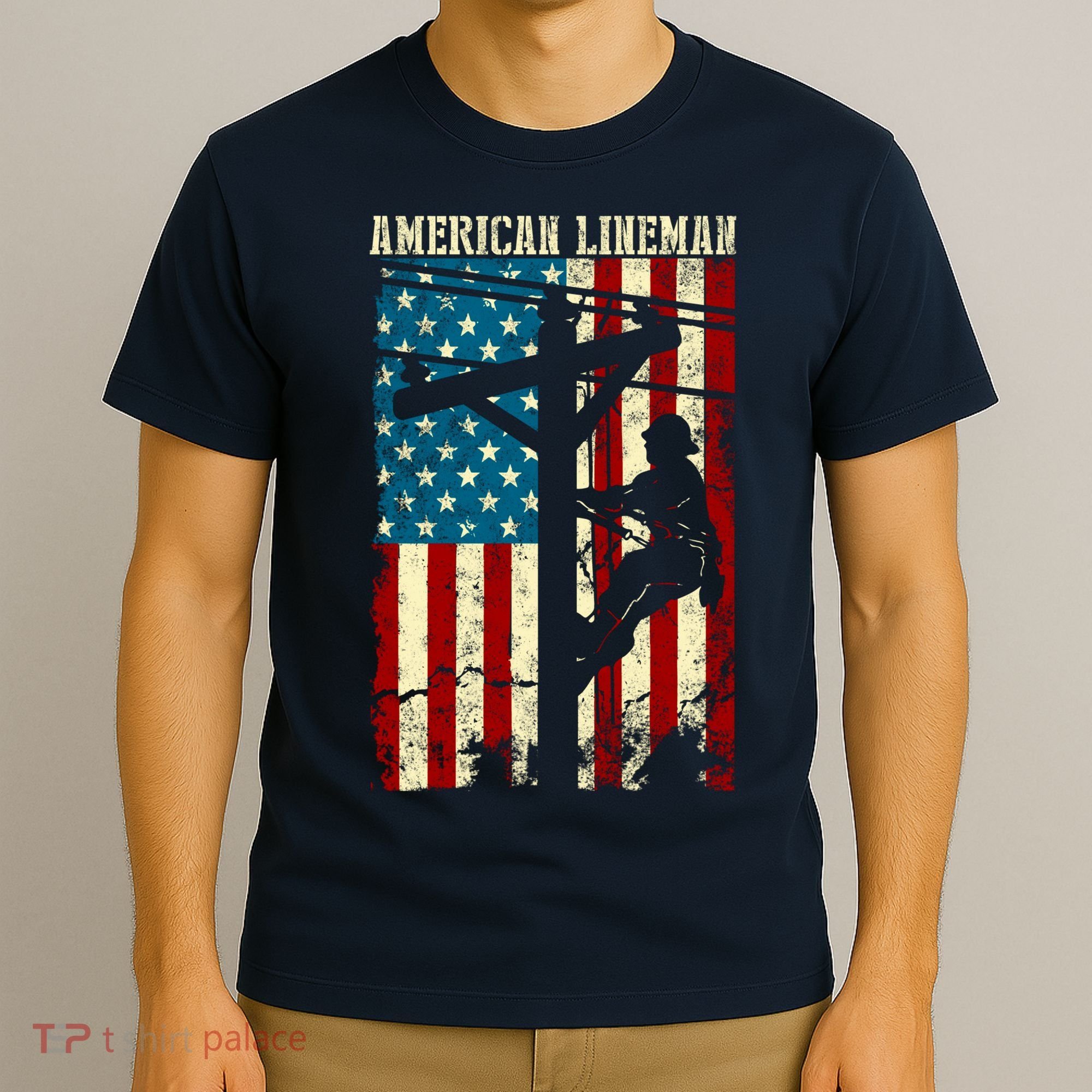 Lineman American flag Electric Cable gift Patriotic Lineman T-Shirt