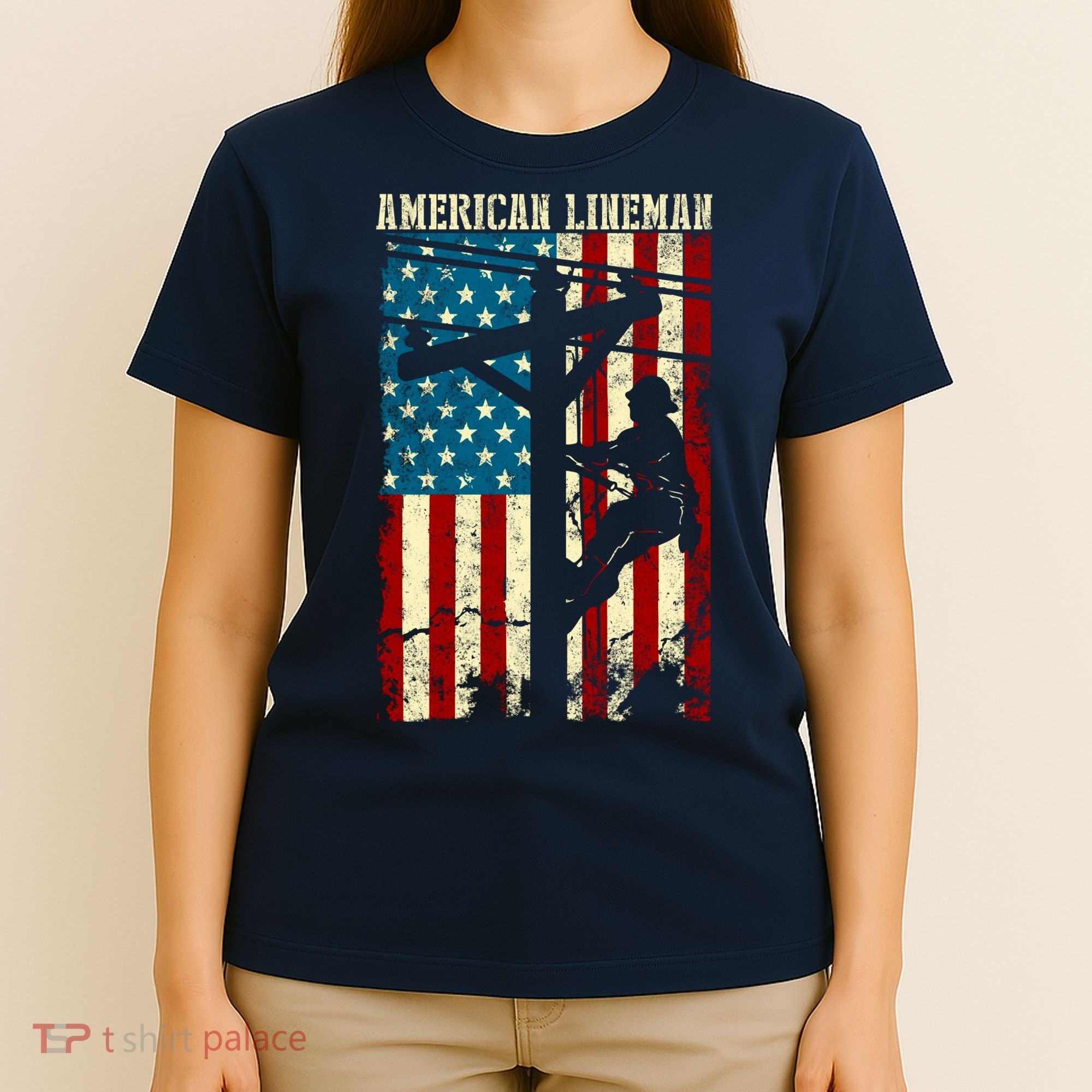 Lineman American flag Electric Cable gift Patriotic Lineman T-Shirt