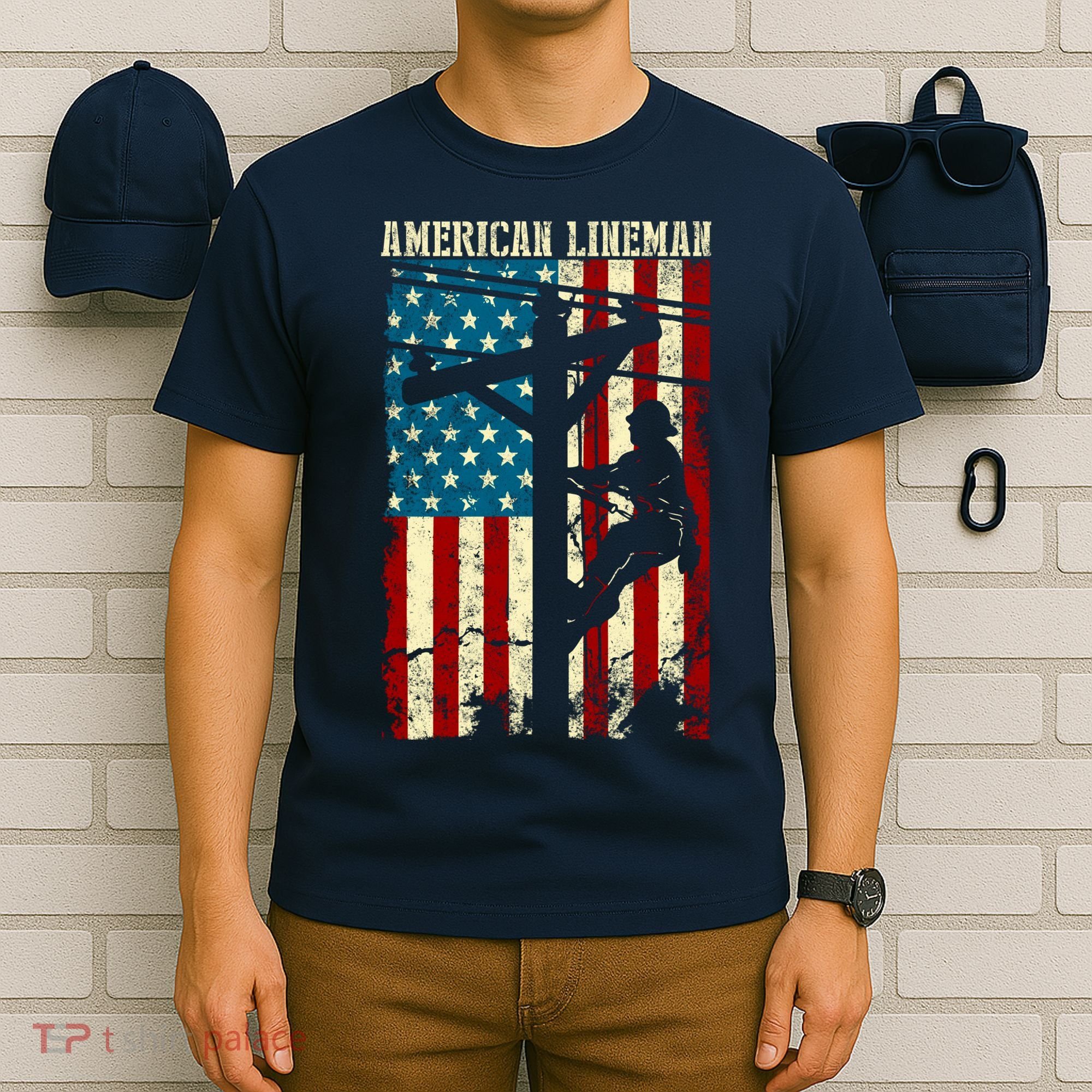 Lineman American flag Electric Cable gift Patriotic Lineman T-Shirt