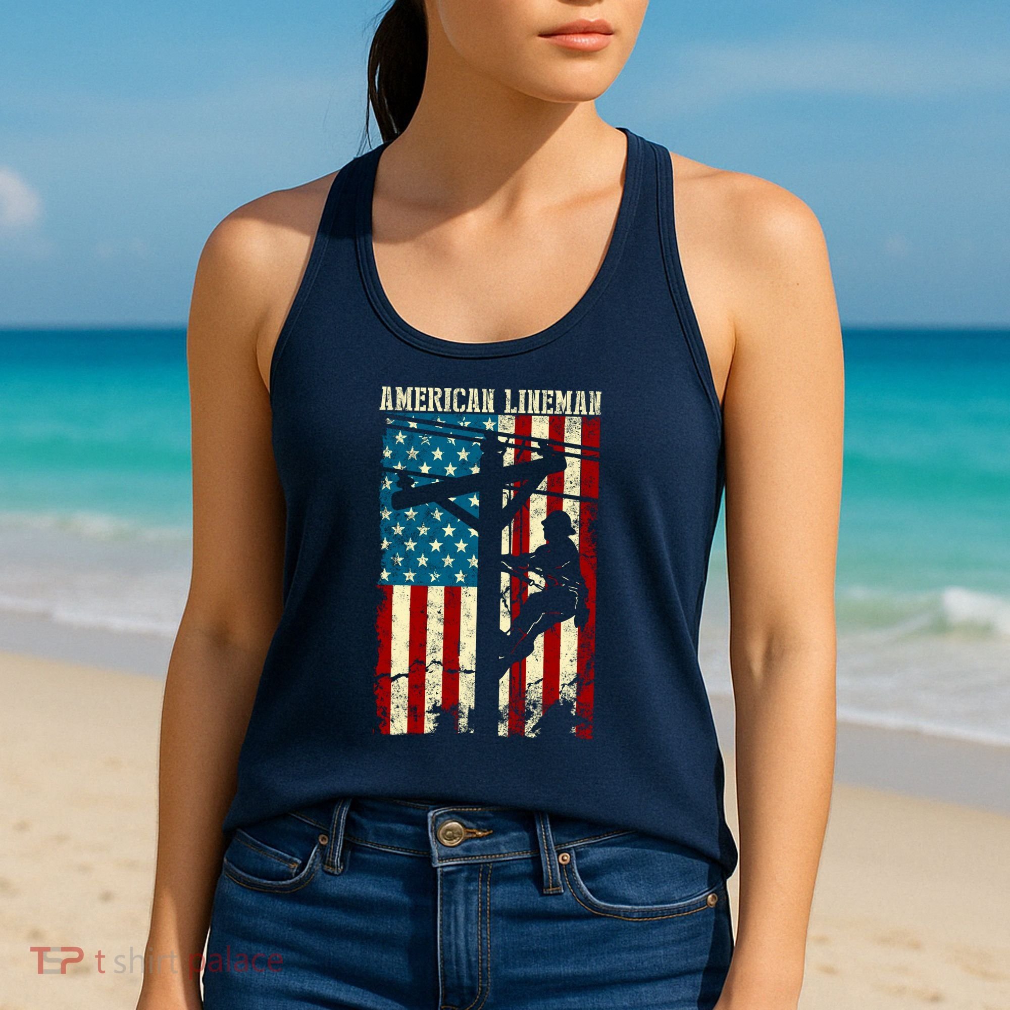 Lineman American flag Electric Cable gift Patriotic Lineman Women's Tank Top