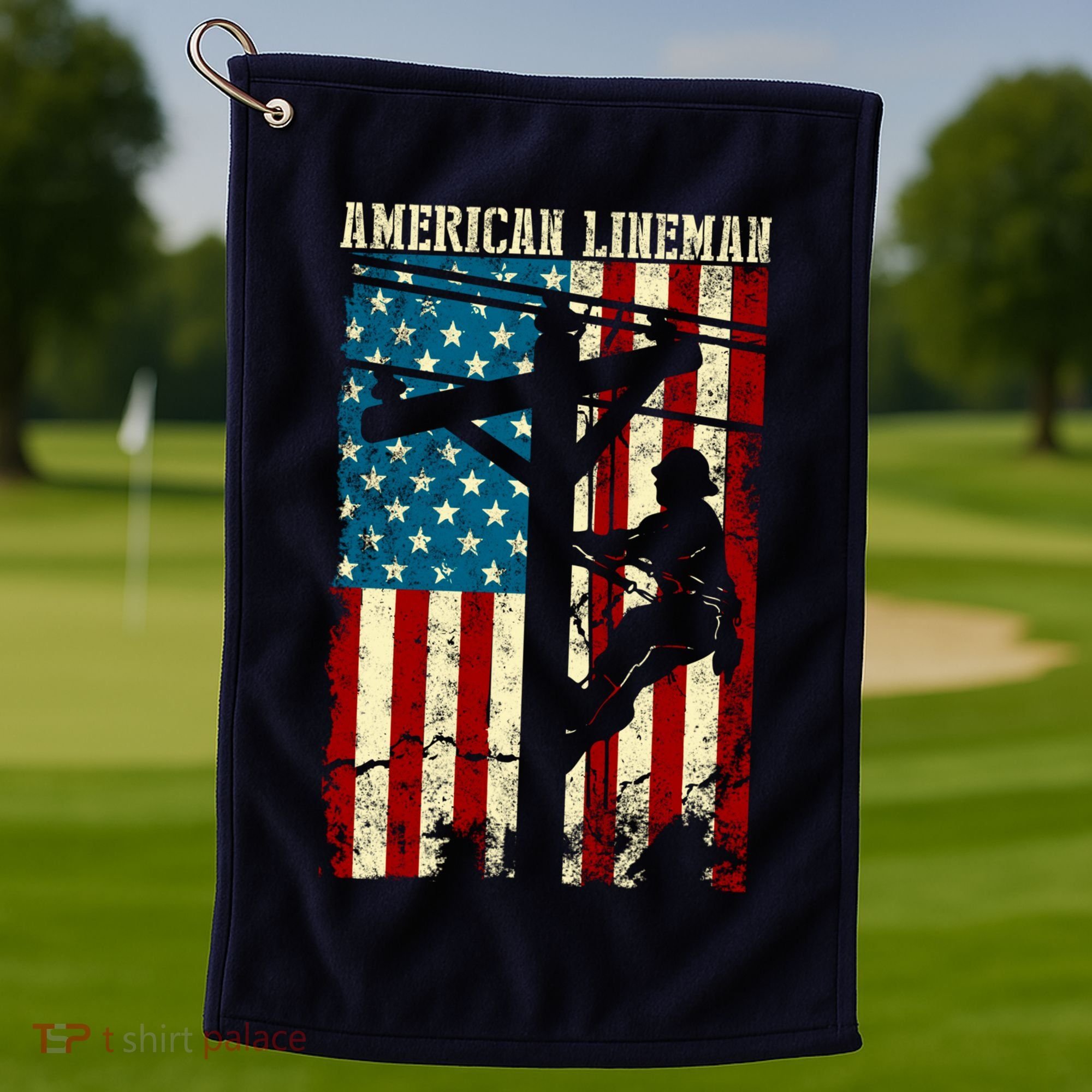 Lineman American flag Electric Cable gift Patriotic Lineman Golf Towel