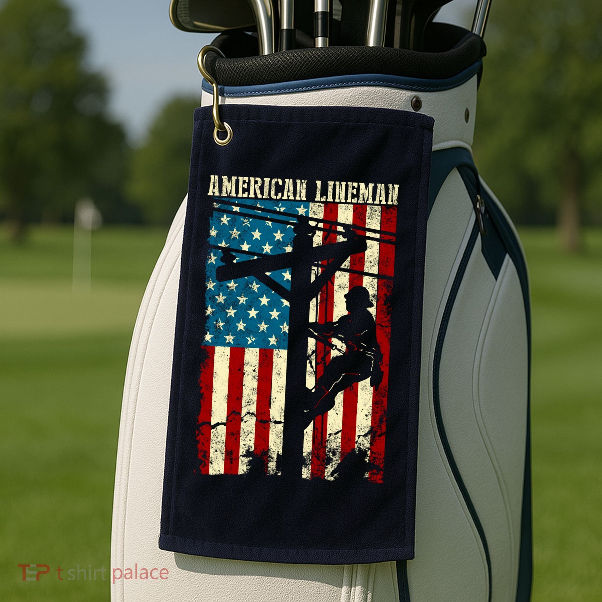 Lineman American flag Electric Cable gift Patriotic Lineman Golf Towel