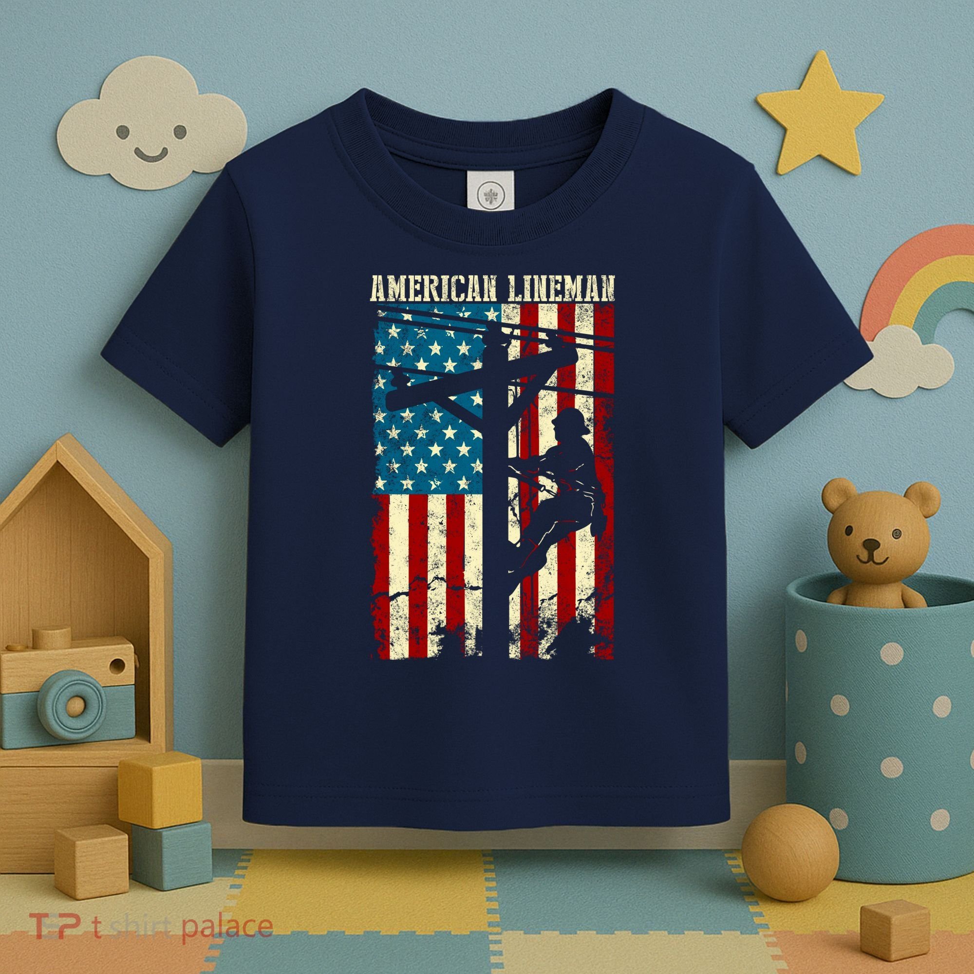Lineman American flag Electric Cable gift Patriotic Lineman Toddler T-Shirt