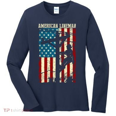 Lineman American flag Electric Cable gift Patriotic Lineman Women's Long Sleeve Shirt