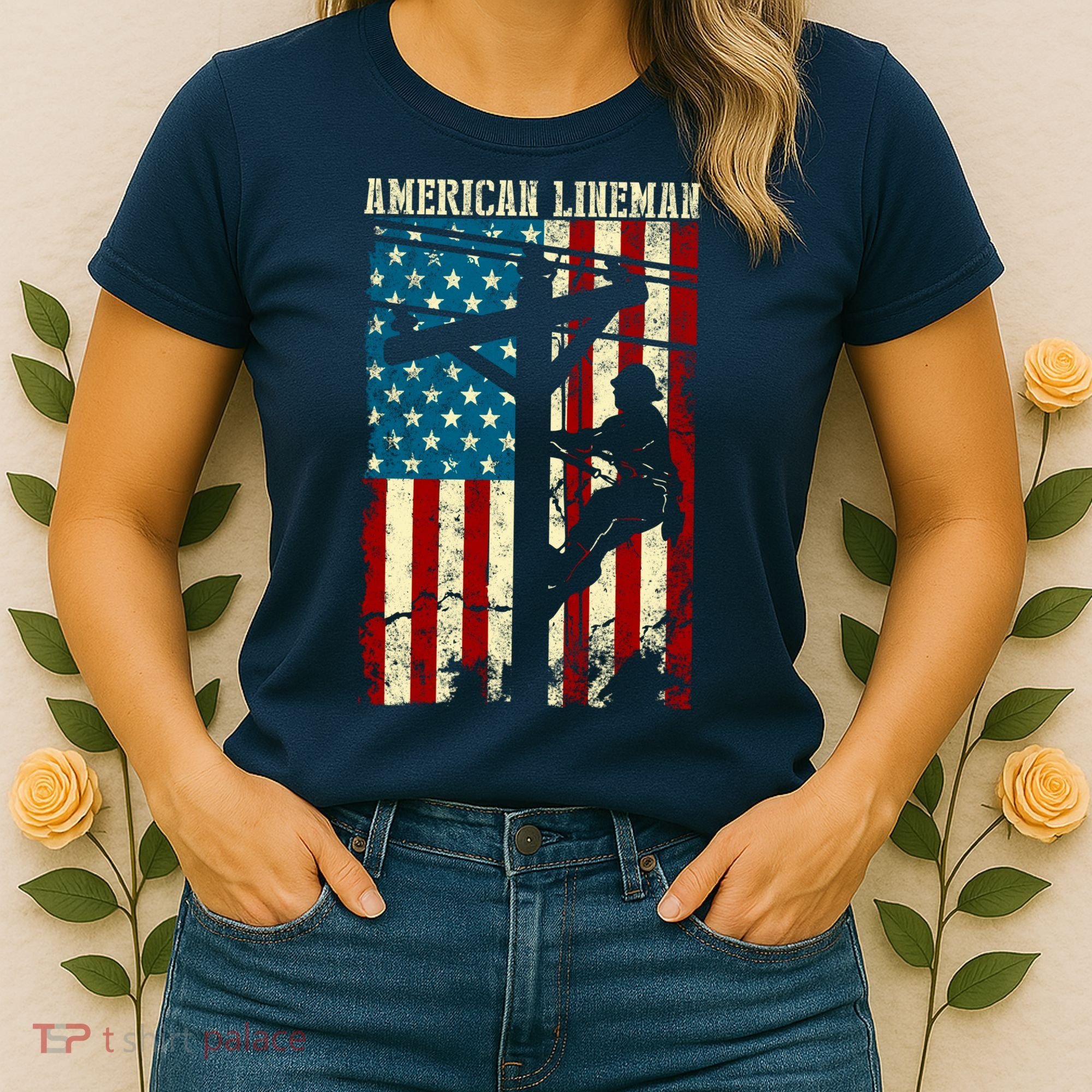 Lineman American flag Electric Cable gift Patriotic Lineman Women's T-Shirt