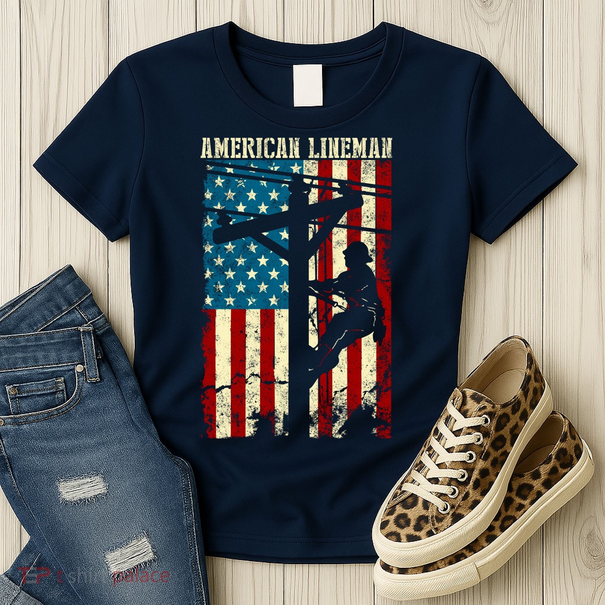 Lineman American flag Electric Cable gift Patriotic Lineman Women's T-Shirt