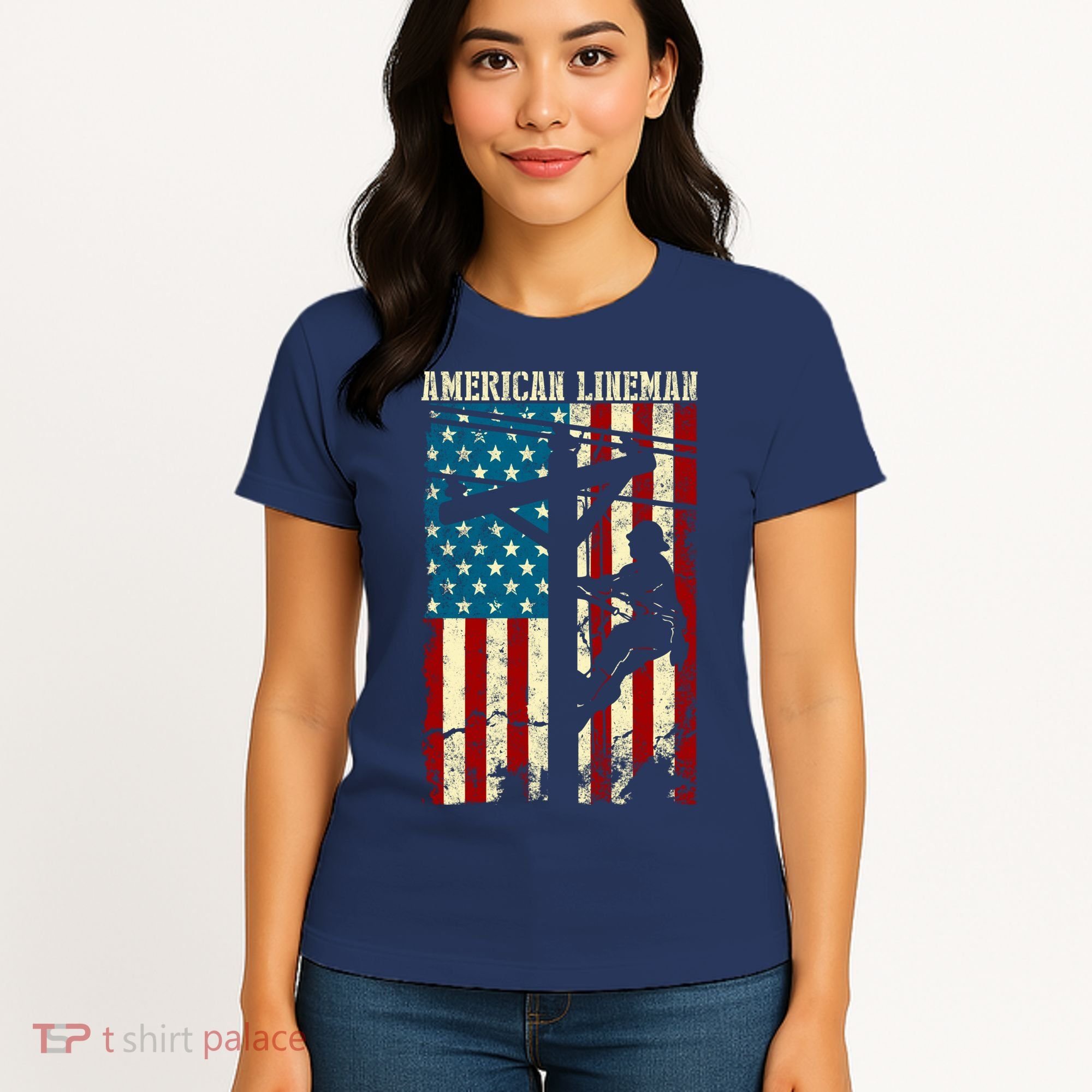 Lineman American flag Electric Cable gift Patriotic Lineman Women's T-Shirt
