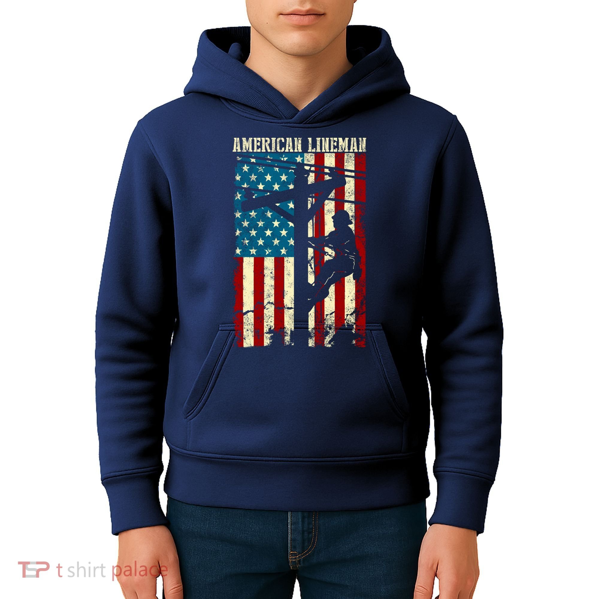 Lineman American flag Electric Cable gift Patriotic Lineman Kids Hoodie