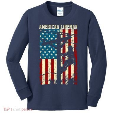 Lineman American flag Electric Cable gift Patriotic Lineman Kids Long Sleeve Shirt