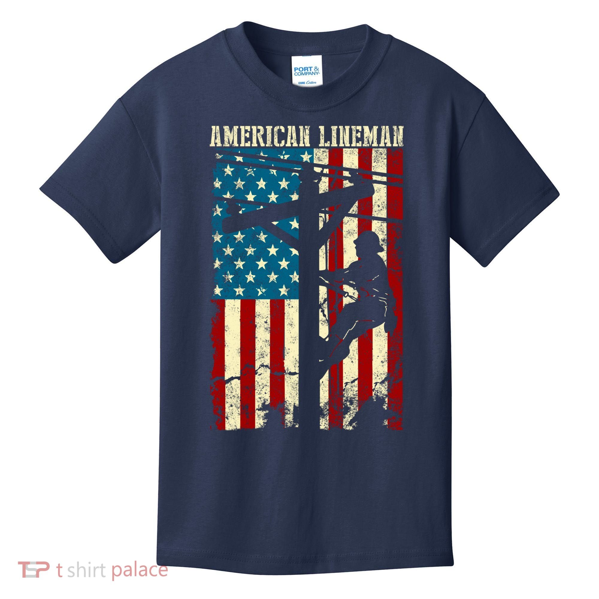 Lineman American flag Electric Cable gift Patriotic Lineman Kids T-Shirt
