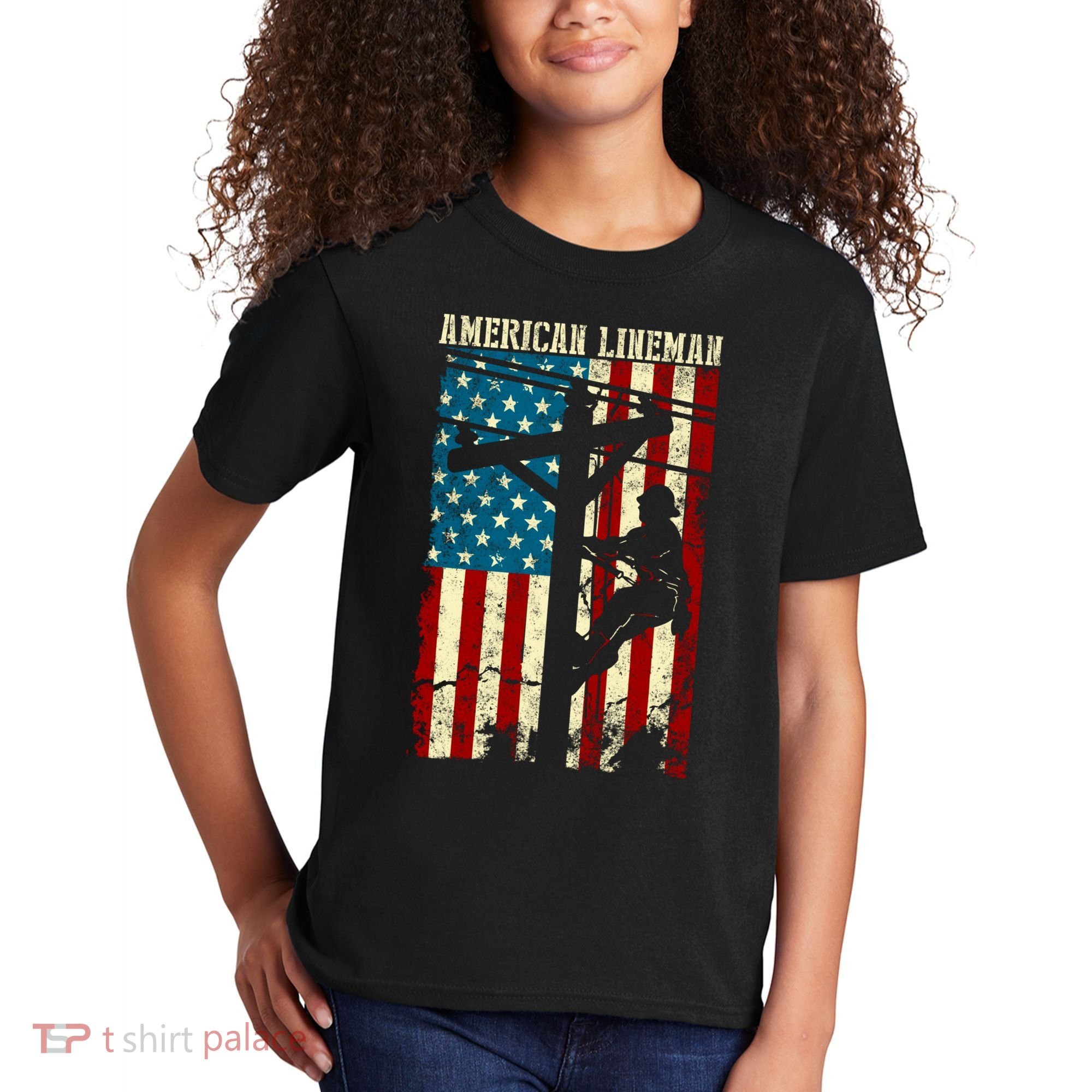 Lineman American flag Electric Cable gift Patriotic Lineman Kids T-Shirt