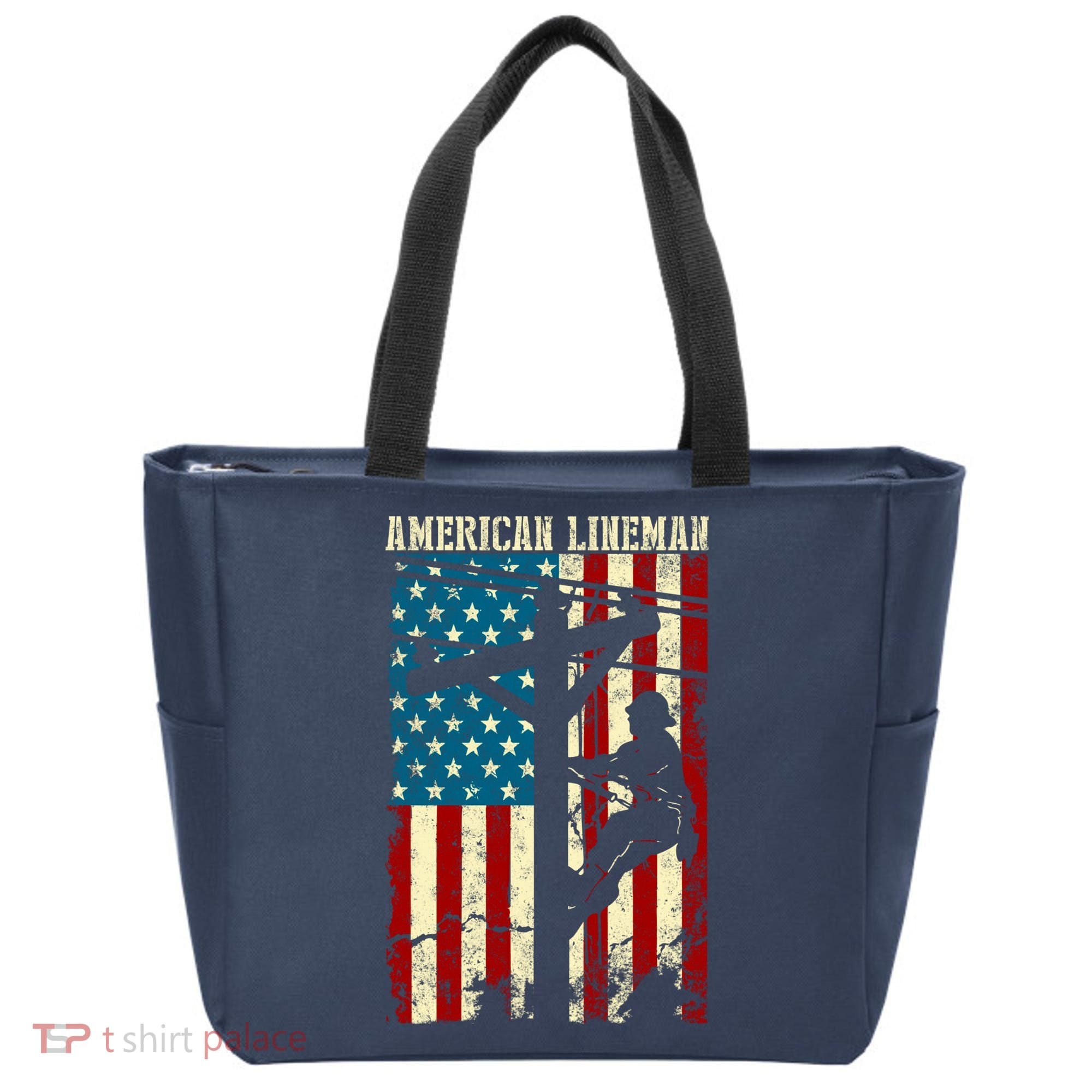 Lineman American flag Electric Cable gift Patriotic Lineman Tote Bag