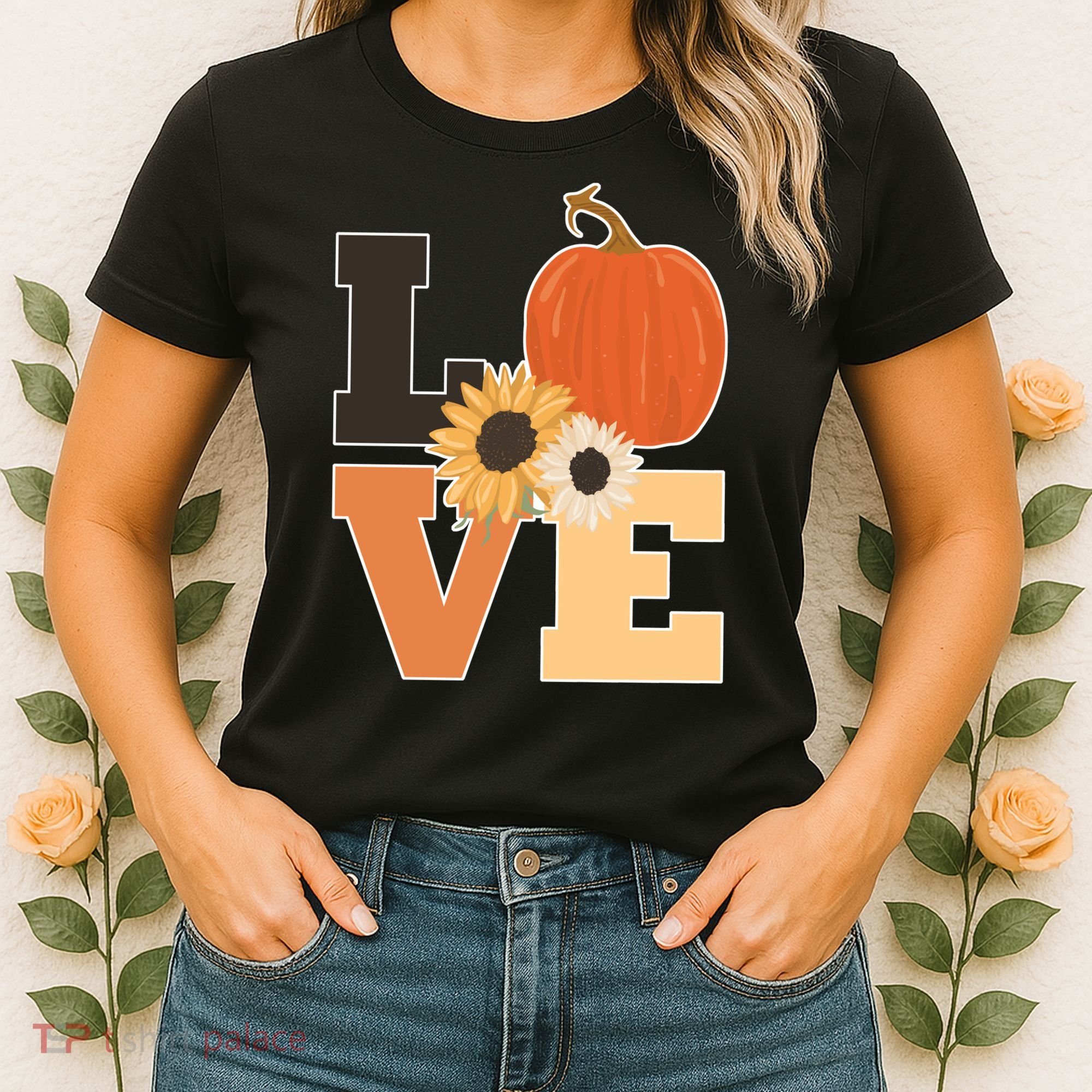 LOVE Autumn Floral Pumpkin Fall Season Women's T-Shirt