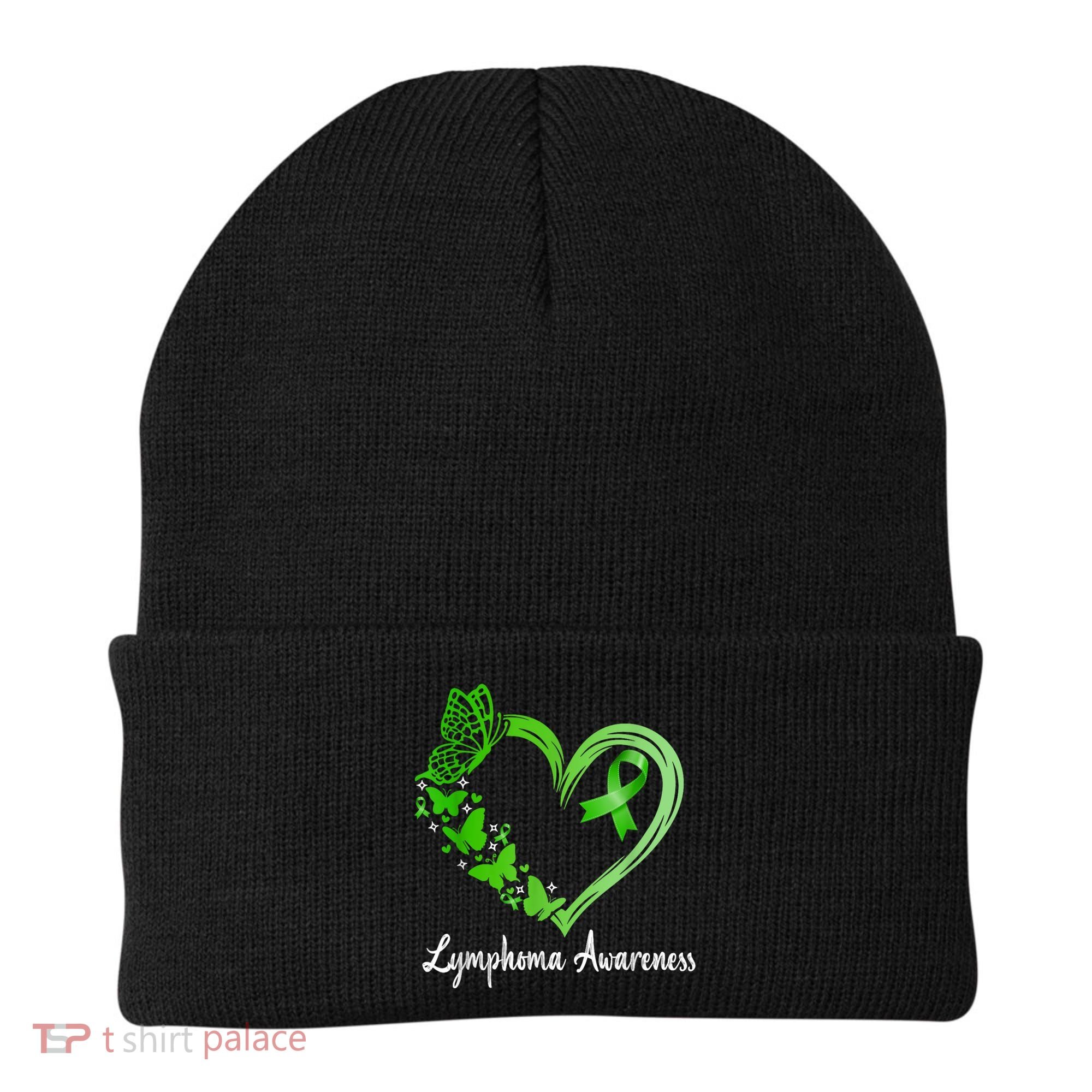Lymphoma Awareness Green Ribbon Heart Lymphoma Warrior Beanie