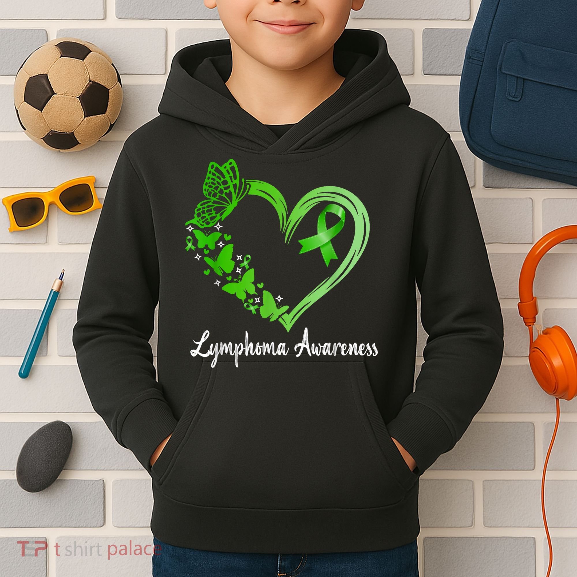 Lymphoma Awareness Green Ribbon Heart Lymphoma Warrior Kids Hoodie
