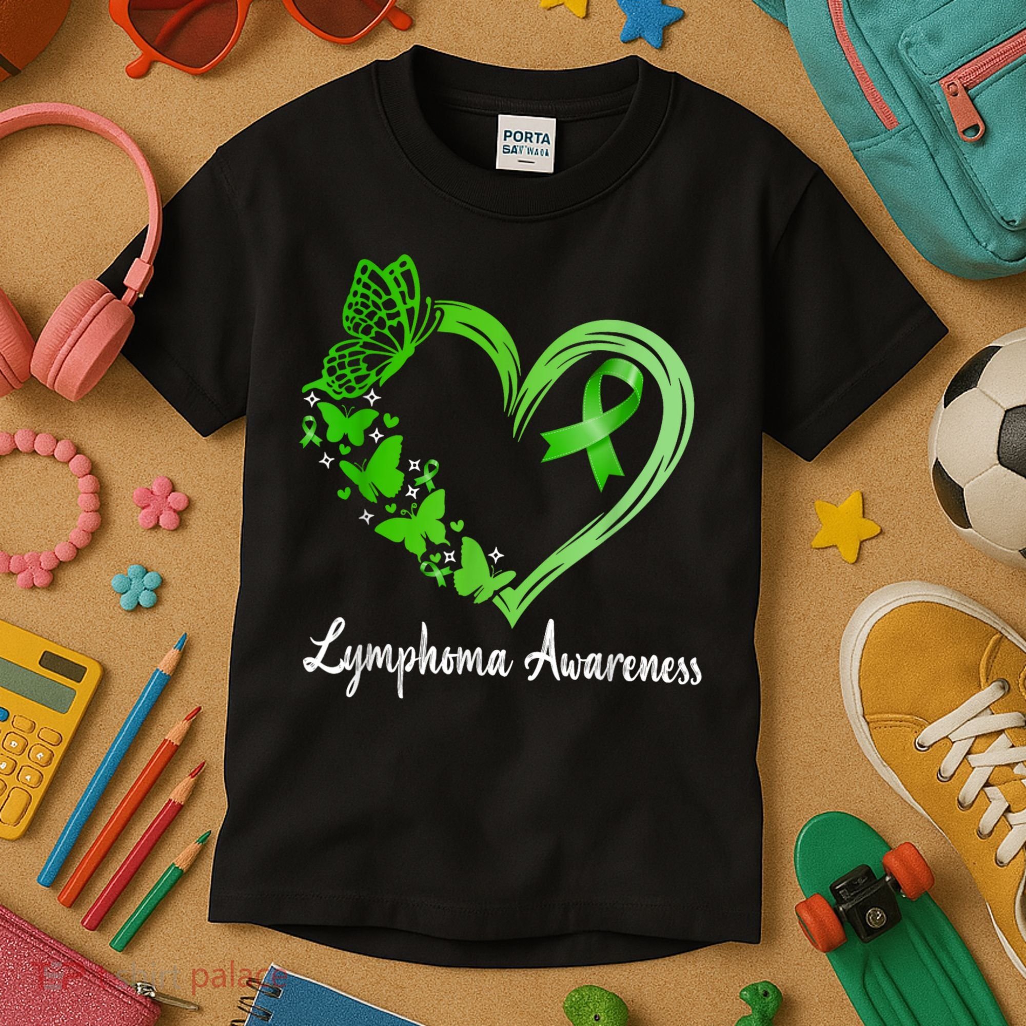 Lymphoma Awareness Green Ribbon Heart Lymphoma Warrior Kids T-Shirt